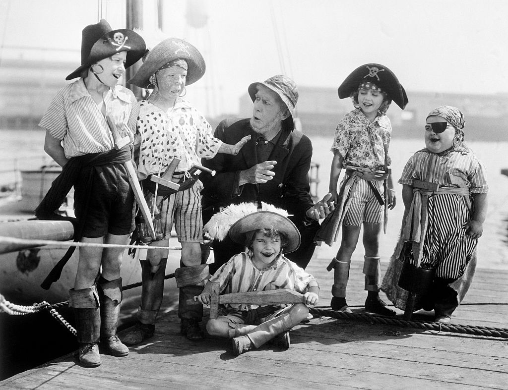 An early, silent, "Our Gang" comedy, The Buccaneers. L-R: Andy Samuel, Mickey Daniels, Allan Cavan (adult), Mary Kornman, Joe Cobb, and Jackie Condon (sitting). (second from left) and Joe Cobb (far right).