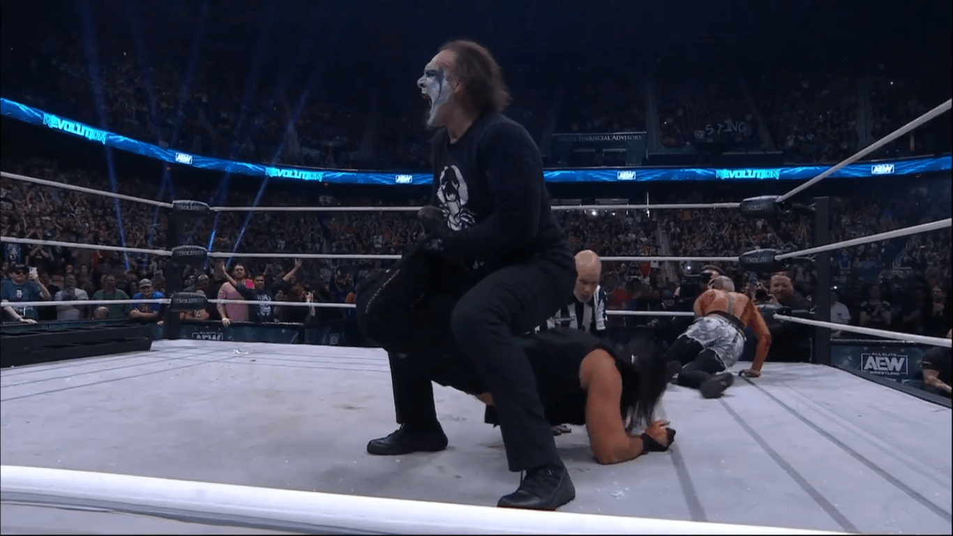Sting puts the scorpion death lock on Matthew Jackson in his last match