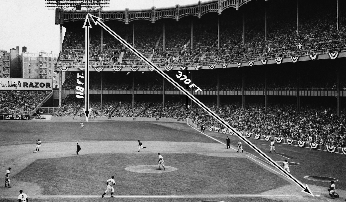 (Original Caption) New York, NY: Converging arrows show the spot where a prodigious home run blasted by Mickey Mantle landed, during the first game of the Yanks-Senators twin-bill at Yankee Stadium on May 30. The towering shot, traveling 370 feet, struck the facade of the right field roof, just a few feet from going out of the stadium. No one has ever hit a fair ball out of this ball park. Mantle's monumental clout, which hit the stands 118 feet above the ground, came with two men on base and sparked the Yanks to a 4-3 win over Washington.