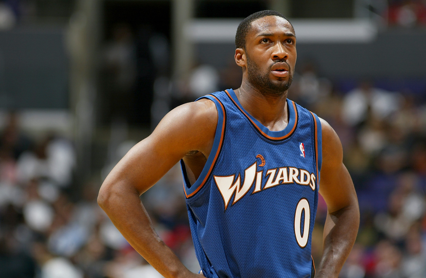 Gilbert Arenas #0 of the Washington Wizards stands on the court during the game against the Los Angeles Clippers at Staples Center on March 25, 2004 in Los Angeles, California.