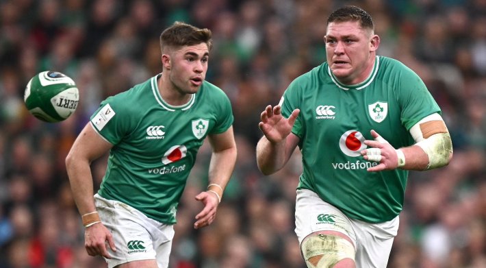 Tadhg Furlong and Jack Crowley of Ireland during the Guinness Six Nations Rugby Championship match between Ireland and Scotland at the Aviva Stadium in Dublin.