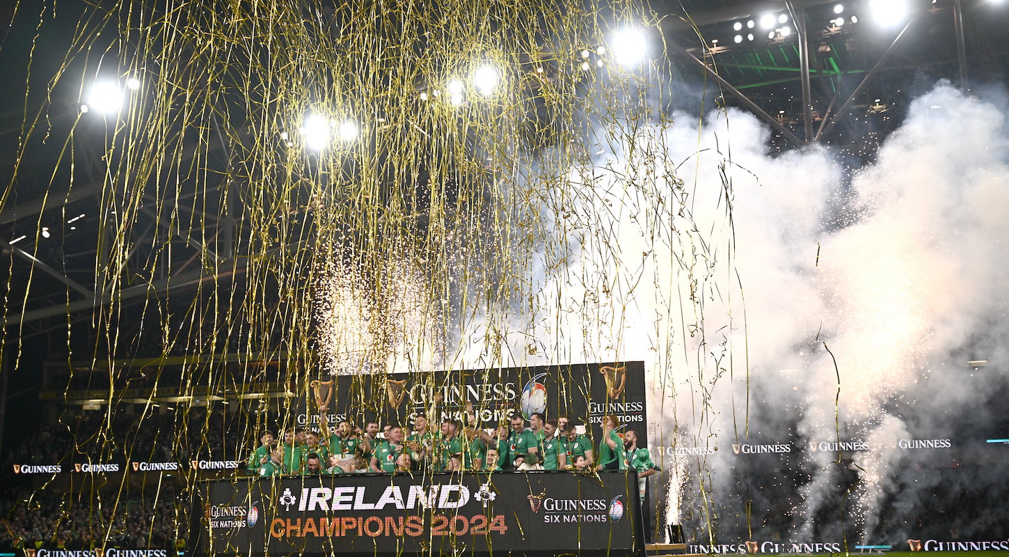 Ireland players celebrate with the trophy after their side's victory in the Guinness Six Nations Rugby Championship match between Ireland and Scotland at the Aviva Stadium in Dublin.