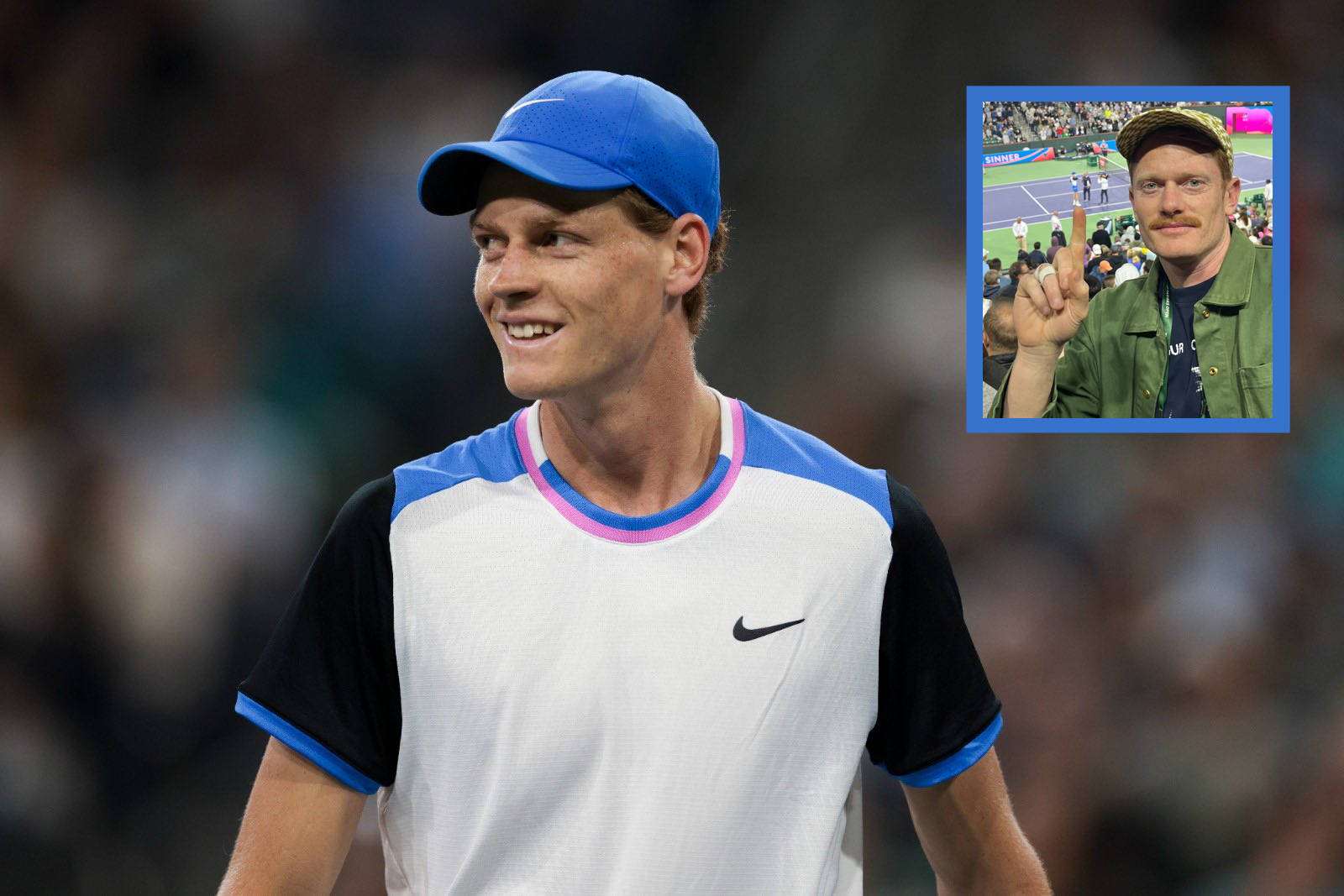 Jannik Sinner smiles; an inset photo of Patrick Redford pointing