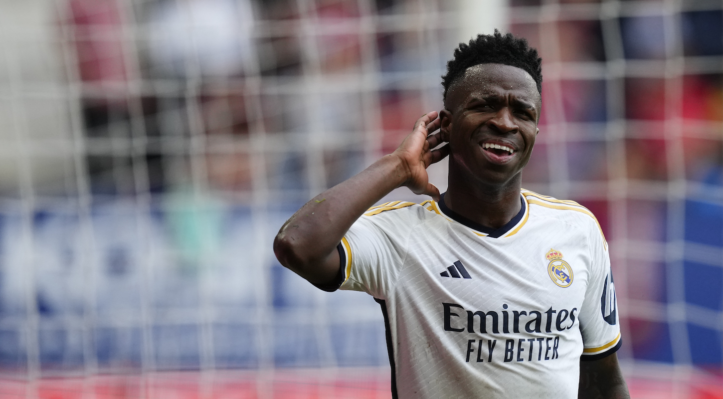 Vinicius Junior left winger of Real Madrid and Brazil celebrates after scoring his sides second goal during the LaLiga EA Sports match between CA Osasuna and Real Madrid CF at Estadio El Sadar on March 16, 2024 in Pamplona, Spain.