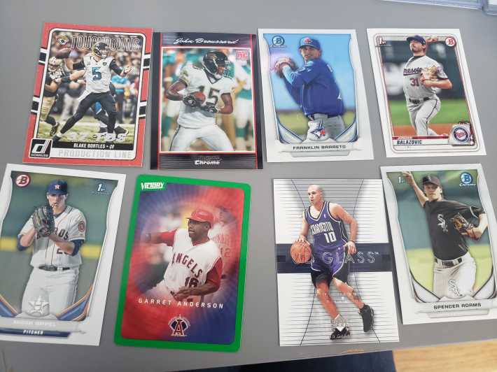 Eight cards featuring: Blake Bortles, Franklin Barreto, Jordan Balazovic, Mark Appel, Garret Anderson, Mike Bibby, and Spencer Adams.