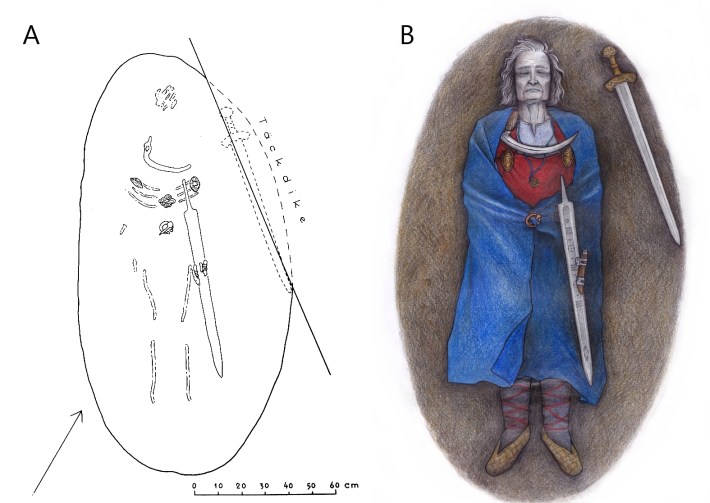 An illustration of bones as they appear in a grave alongside a sword, and a reconstruction of what the person may have looked like as buried.