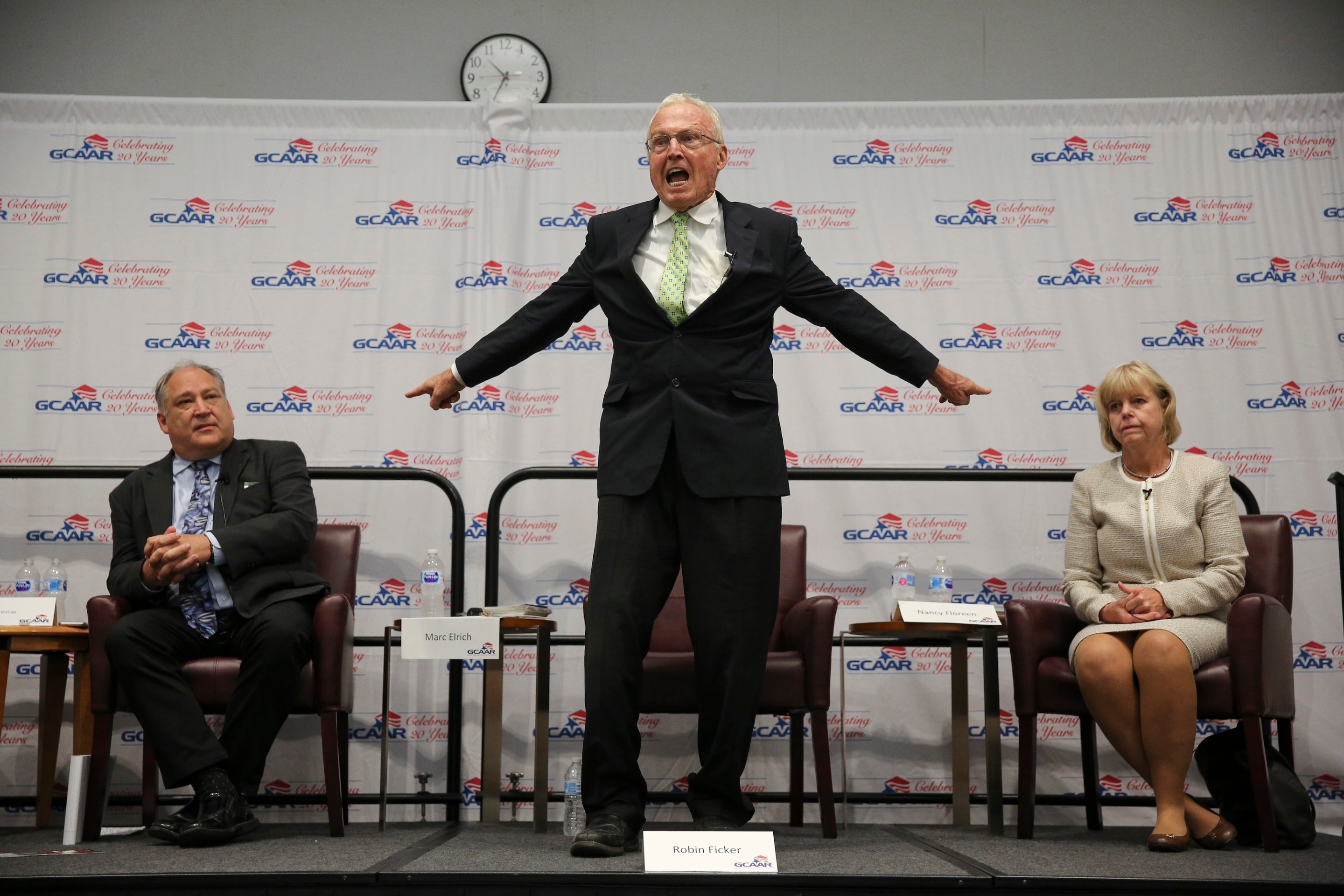 SHADY GROVE, MD - SEPTEMBER 26: Robin Ficker, a Republican candidate for Montgomery County Executive, speaks during a County Executive Candidates debate on September 26, 2018 in Shady Grove, MD. (Photo by Oliver Contreras/For The Washington Post via Getty Images)