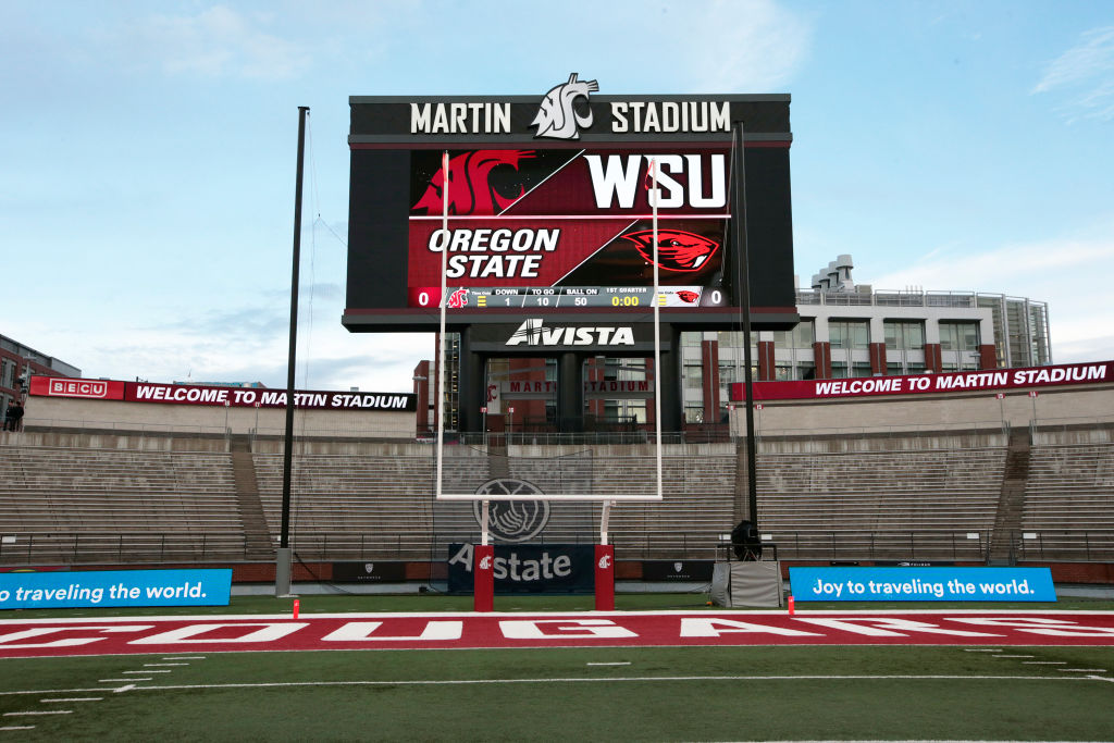 The scoreboard at Martin Stadium prior to the start between the Oregon State Beavers and the Washington State Cougars