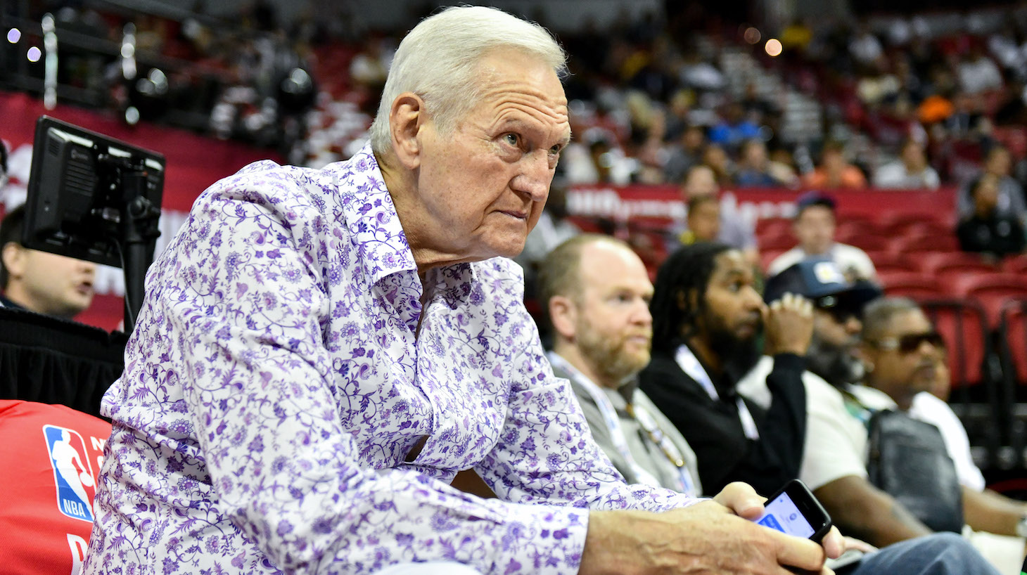 Jerry West attends a basketball game between the Charlotte Hornets and the Portland Trail Blazersat the Thomas &amp; Mack Center on July 11, 2023 in Las Vegas, Nevada.