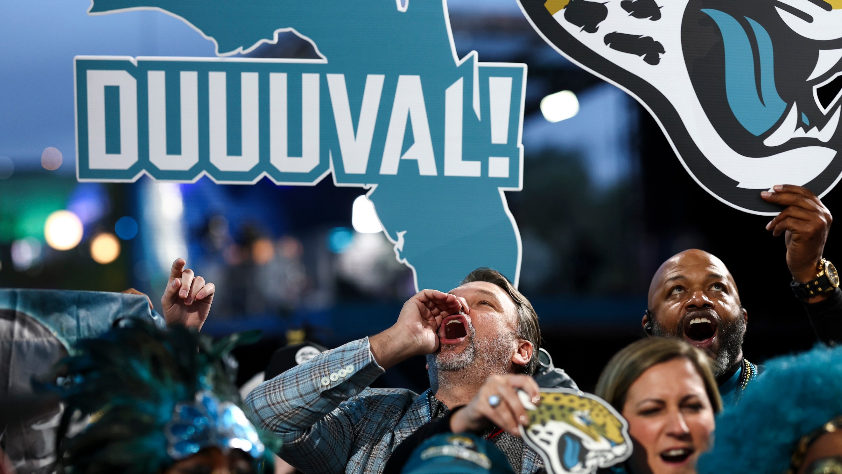 KANSAS CITY, MO - APRIL 28: Jacksonville Jaguars fans cheer during Day 2 of the 2023 NFL Draft at Union Station on April 28, 2023 in Kansas City, Missouri. (Photo by Kevin Sabitus/Getty Images)