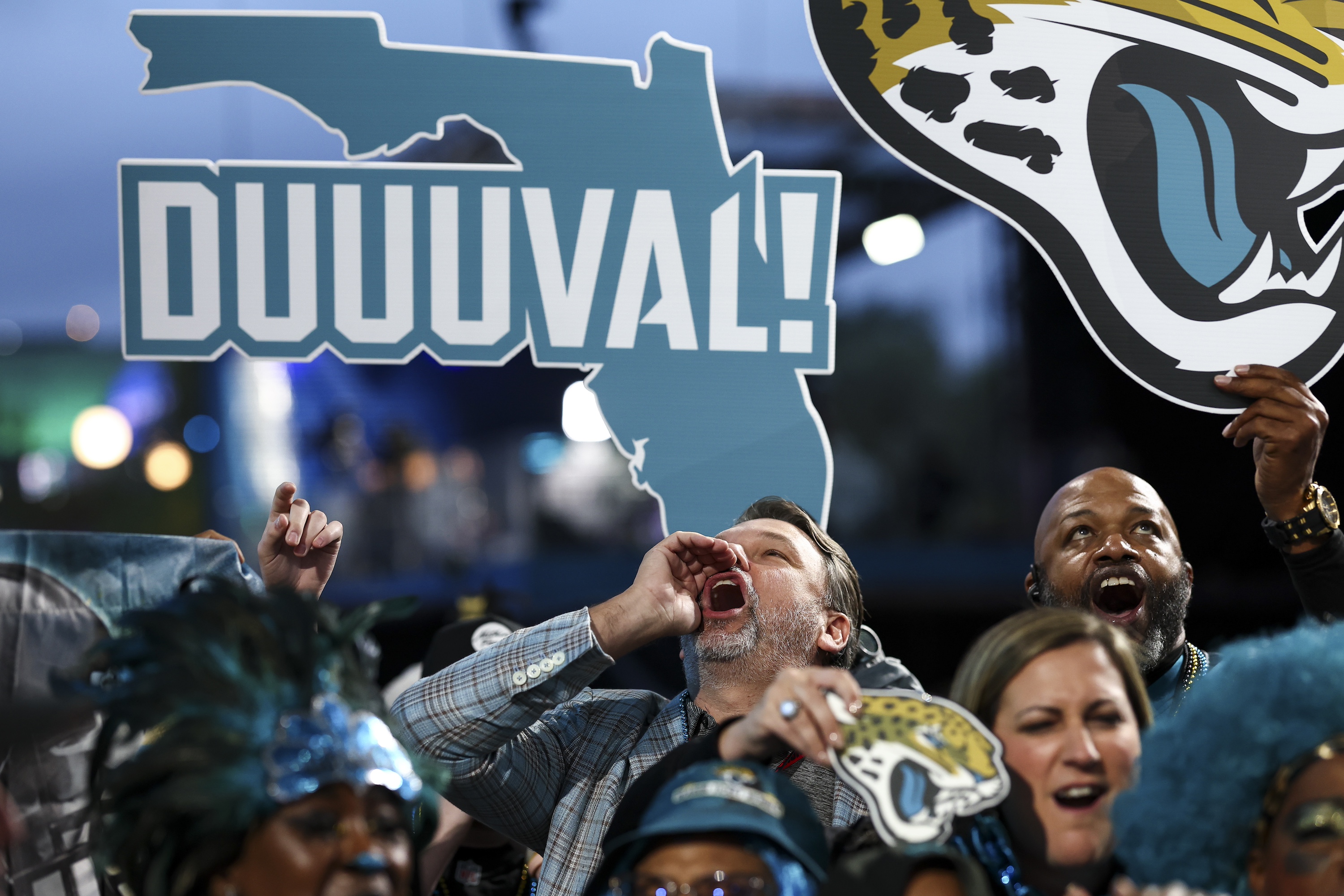 KANSAS CITY, MO - APRIL 28: Jacksonville Jaguars fans cheer during Day 2 of the 2023 NFL Draft at Union Station on April 28, 2023 in Kansas City, Missouri. (Photo by Kevin Sabitus/Getty Images)