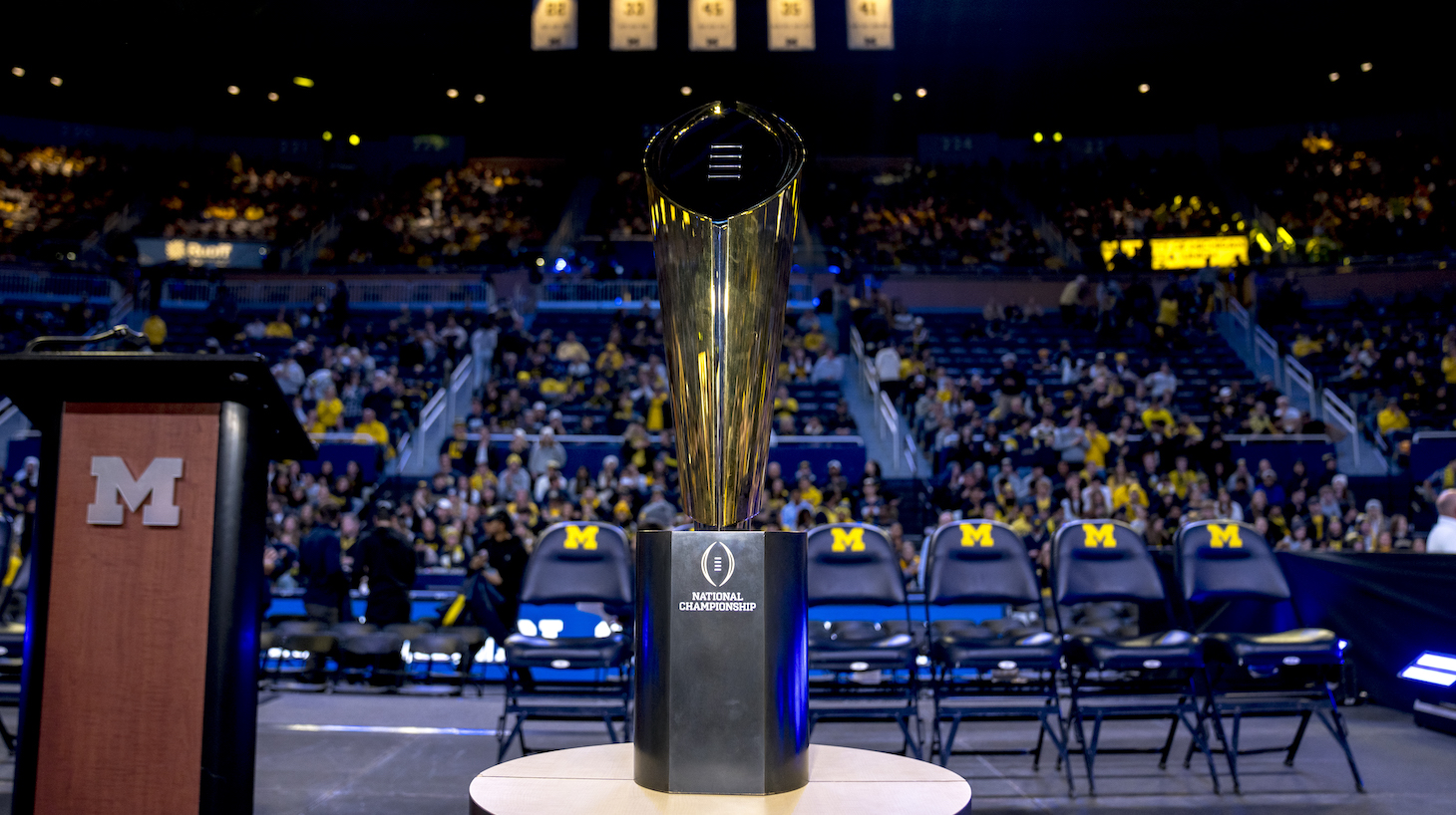 The College Football Playoff National Championship Trophy is pictured during the Michigan Wolverines football National Championship celebration on January 13, 2024 at Crisler Center in Ann Arbor, Michigan.