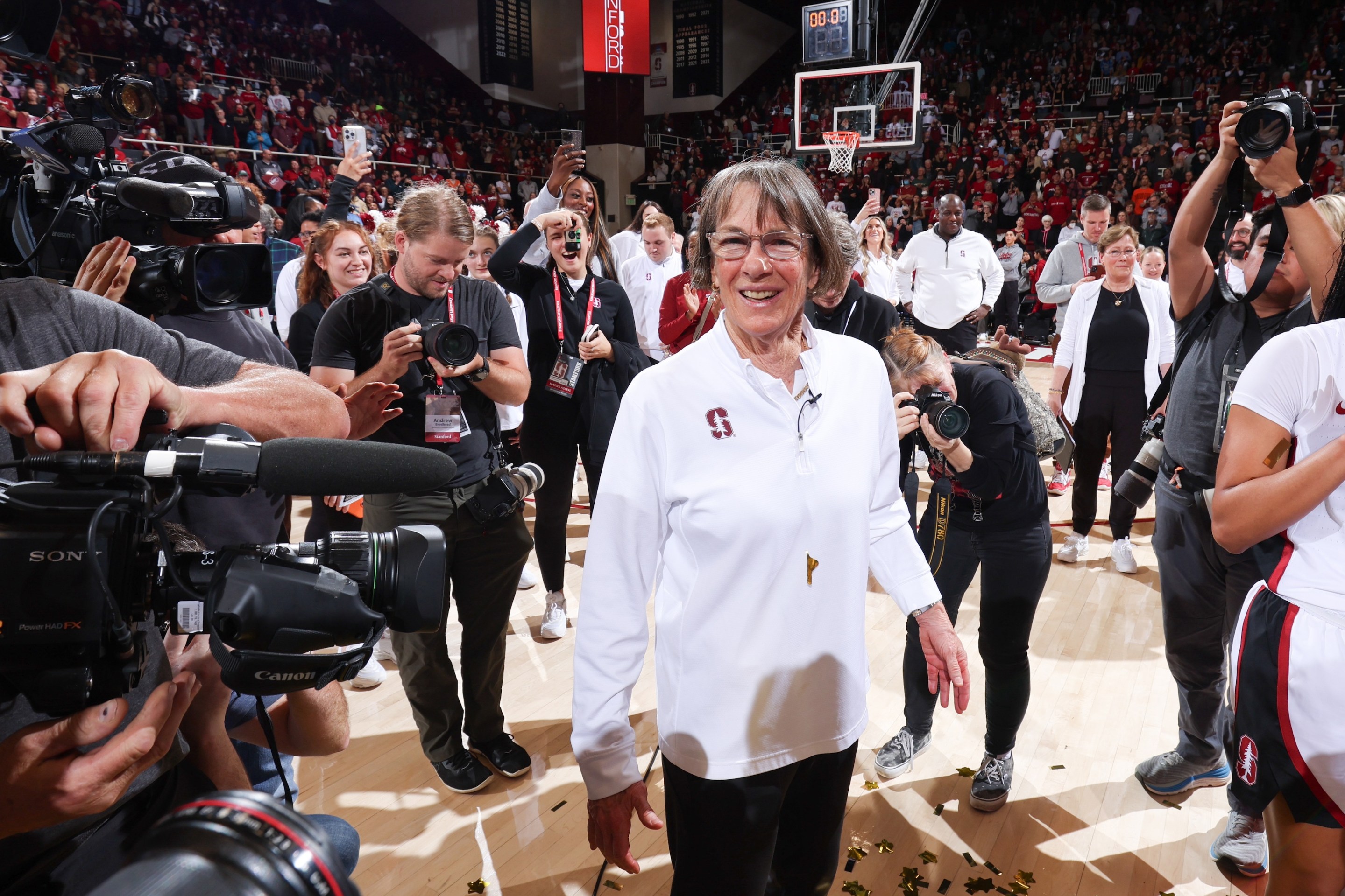 Stanford Cardinal head coach Tara VanDerveer celebrates her 1203rd career college coaching victory becoming the winningest coach in NCAA Division 1 basketball history.