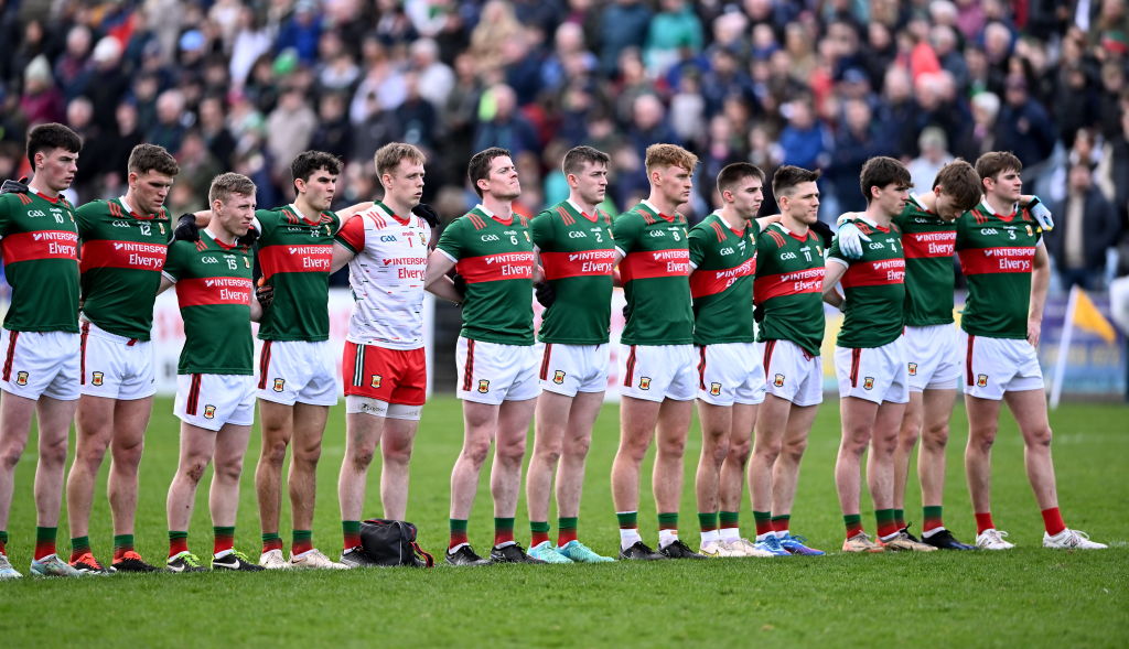 Mayo , Ireland - 17 March 2024; Mayo players stand for Amhrán na bhFiann before the Allianz Football League Division 1 match between Mayo and Derry at Hastings Insurance MacHale Park in Castlebar, Mayo.