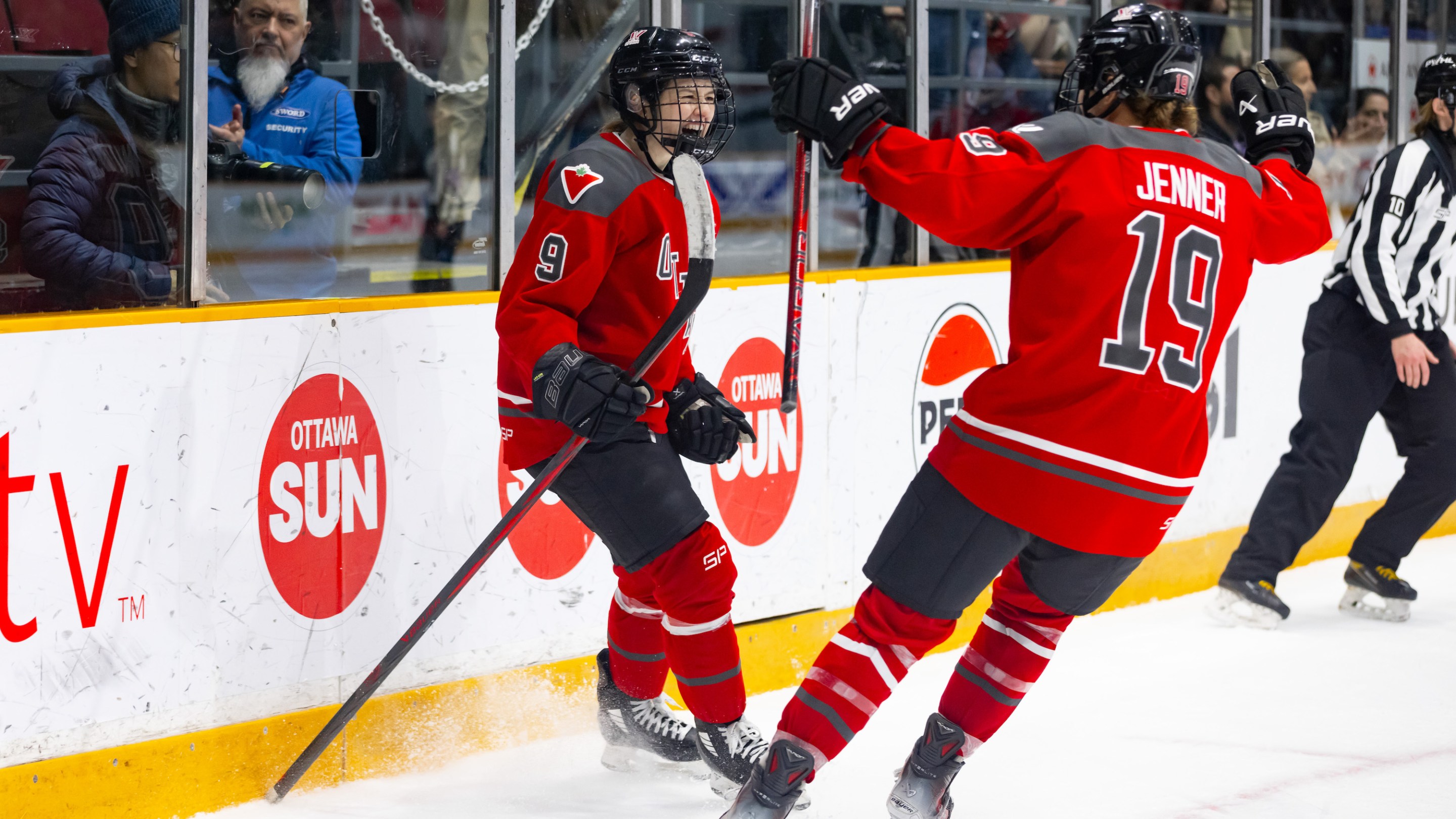 Ottawa Forward Daryl Watts (9) celebrates her goal with Forward Brianne Jenner (19) during second period Professional Women's Hockey League (PWHL) action between Toronto and Ottawa on March 23, 2024, at TD Place Arena in Ottawa, ON, Canada.