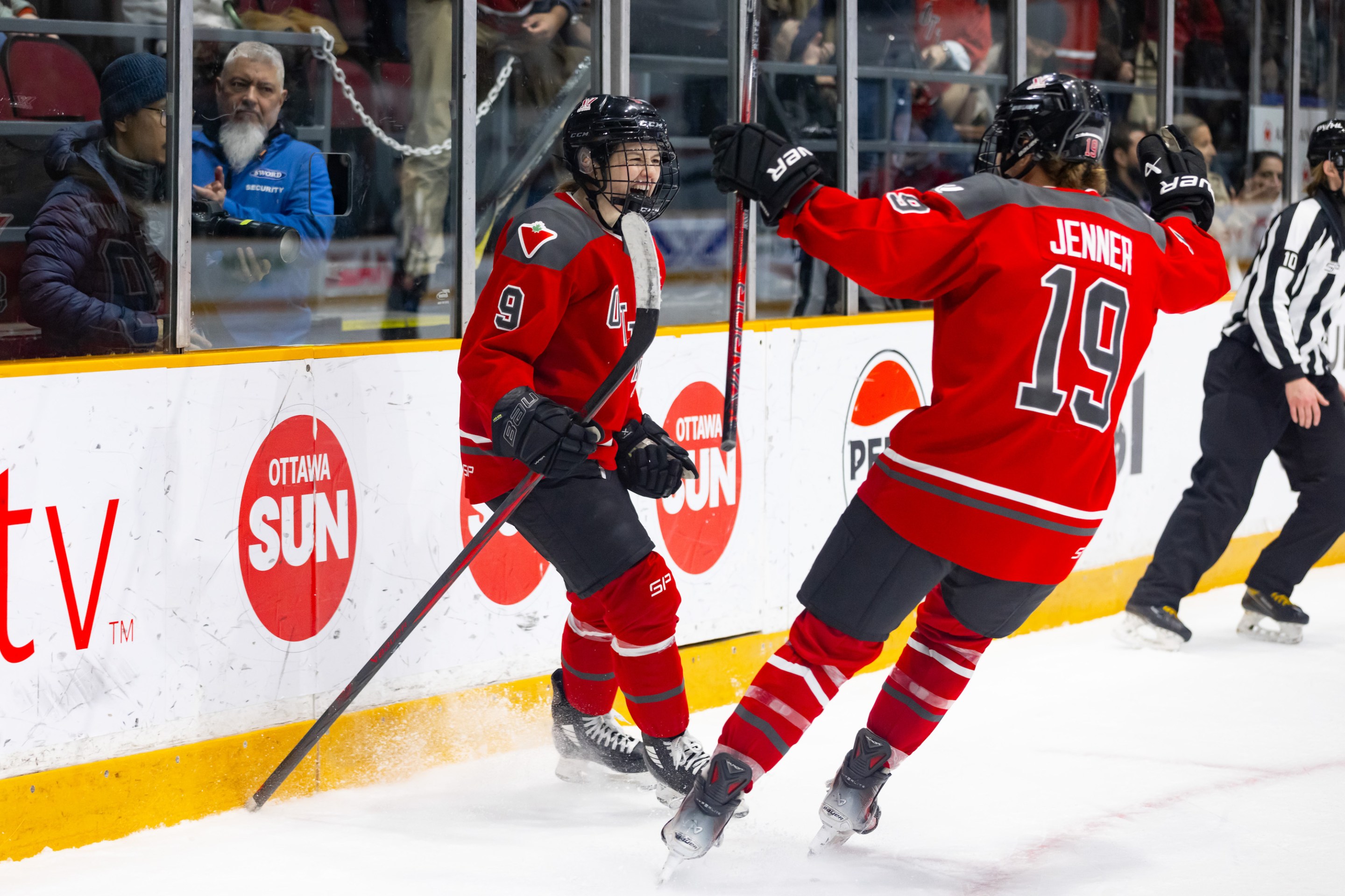 Ottawa Forward Daryl Watts (9) celebrates her goal with Forward Brianne Jenner (19) during second period Professional Women's Hockey League (PWHL) action between Toronto and Ottawa on March 23, 2024, at TD Place Arena in Ottawa, ON, Canada.