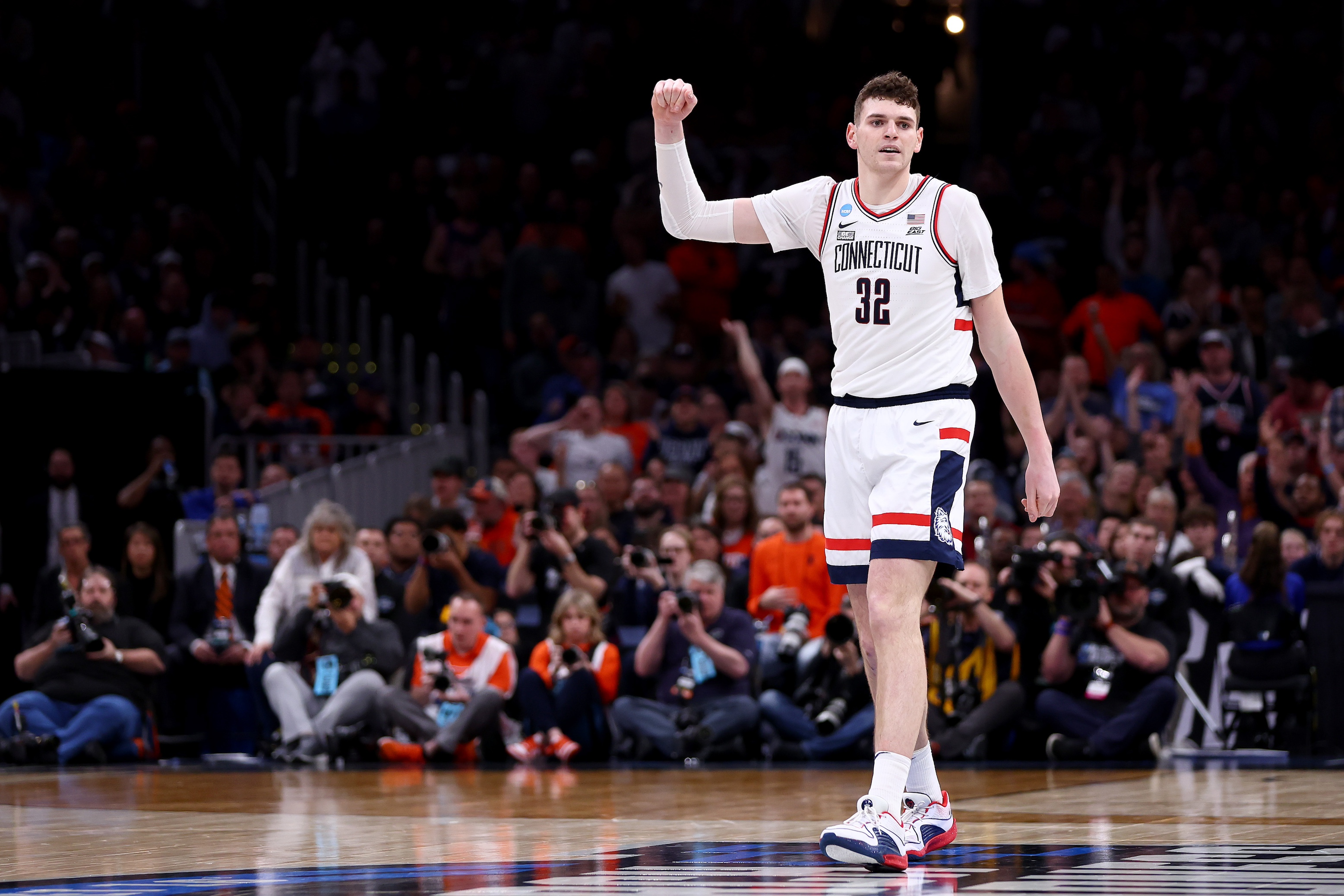 UConn center Donovan Clingan celebrates during the team's Elite Eight win in Boston during the 2024 NCAA Tournament.