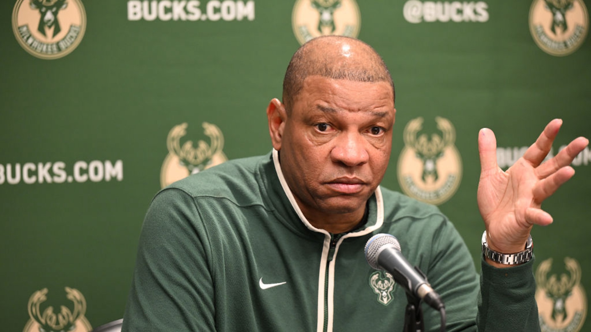Head Coach Doc Rivers of the Milwaukee Bucks speaks during a press conference after the game against the Atlanta Hawks at State Farm Arena on March 30, 2024 in Atlanta, Georgia. The Milwaukee Bucks defeated the Atlanta Hawks 122-113.