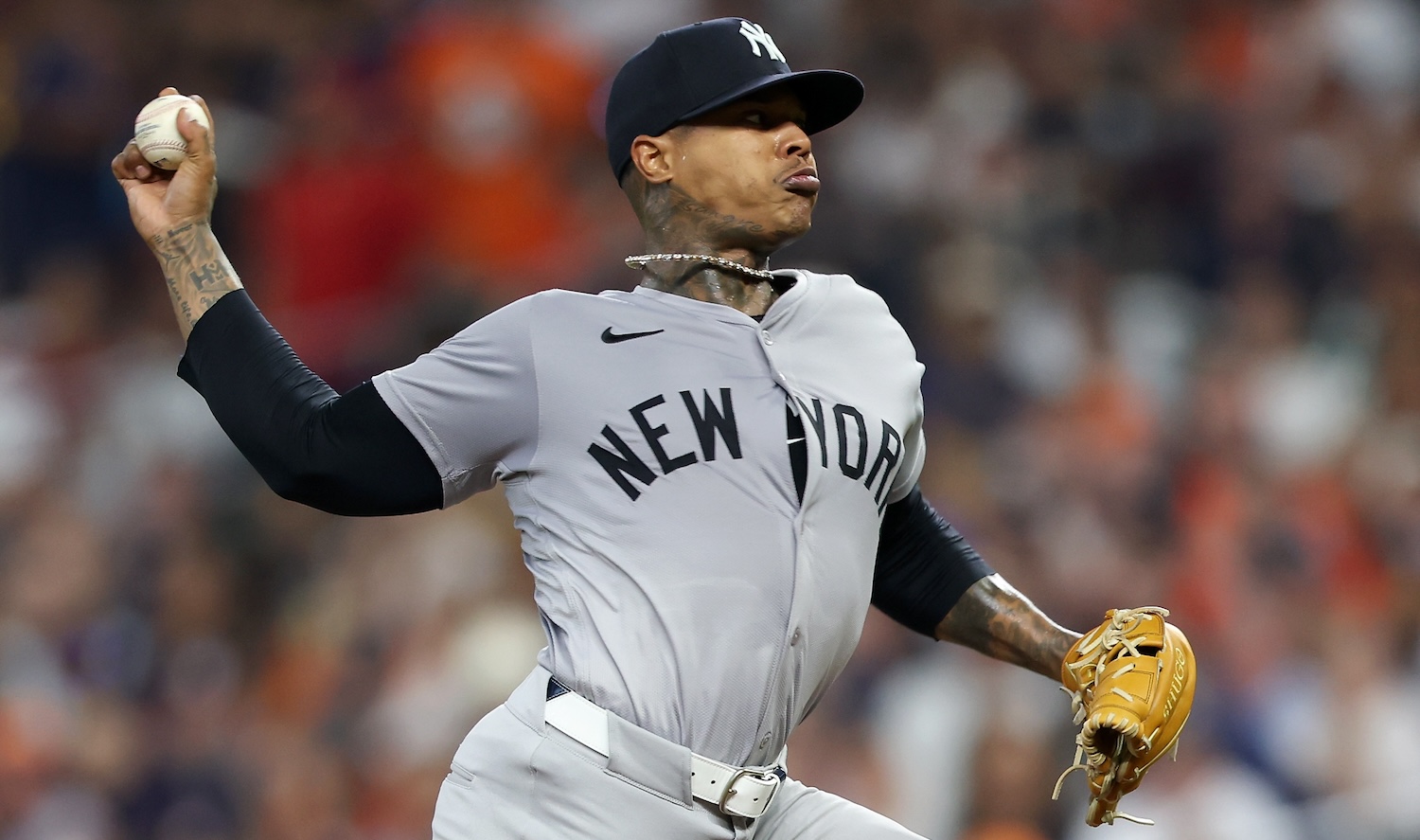 HOUSTON, TEXAS - MARCH 30: Marcus Stroman #0 of the New York Yankees pitches in the first inning against the Houston Astros at Minute Maid Park on March 30, 2024 in Houston, Texas. (Photo by Tim Warner/Getty Images)