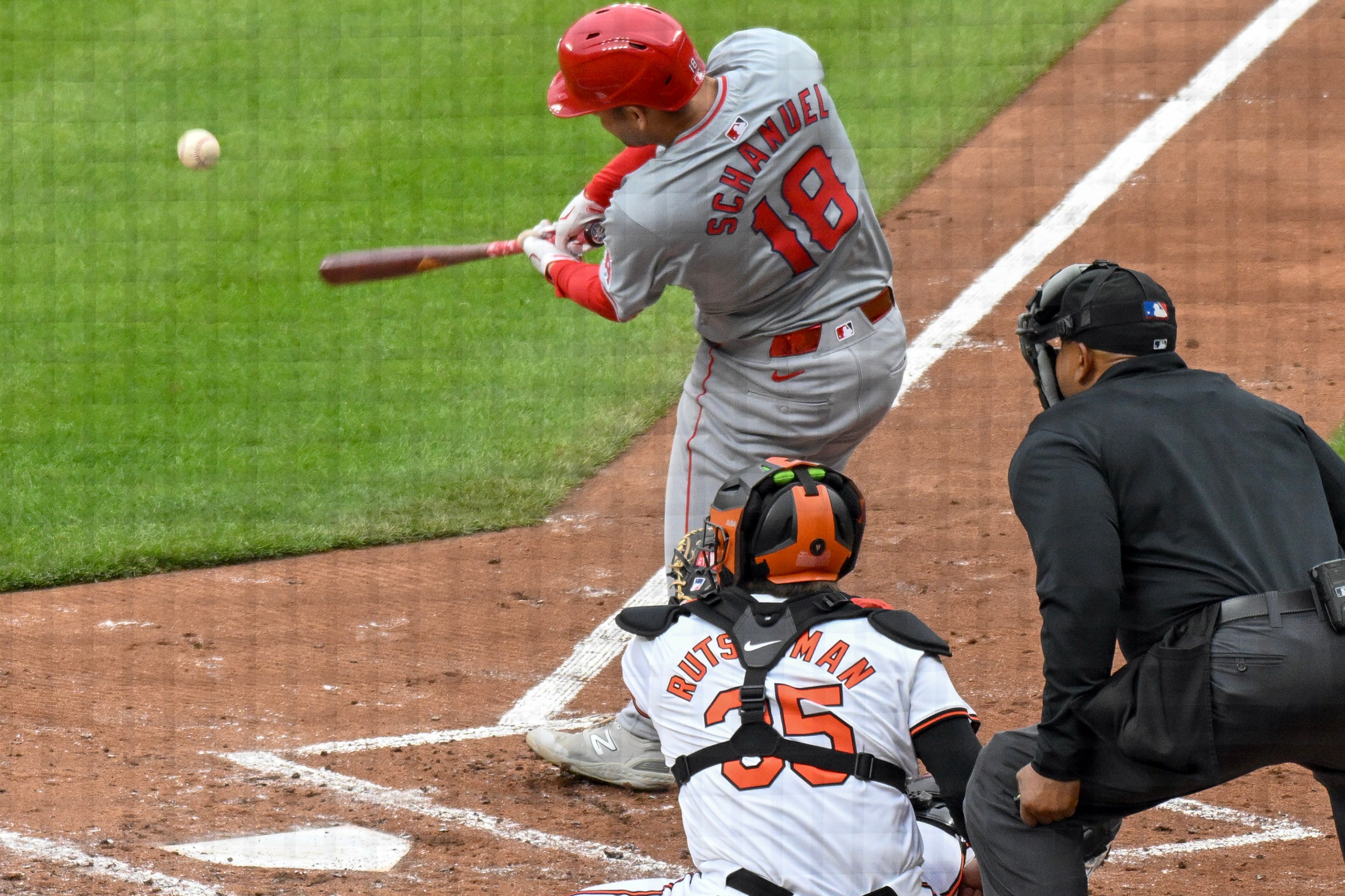 Los Angeles Angels first baseman Nolan Schanuel (18) bats during the Los Angeles Angels versus the Baltimore Orioles game on March 28, 2024, at Oriole Park at Camden Yards in Baltimore, MD.