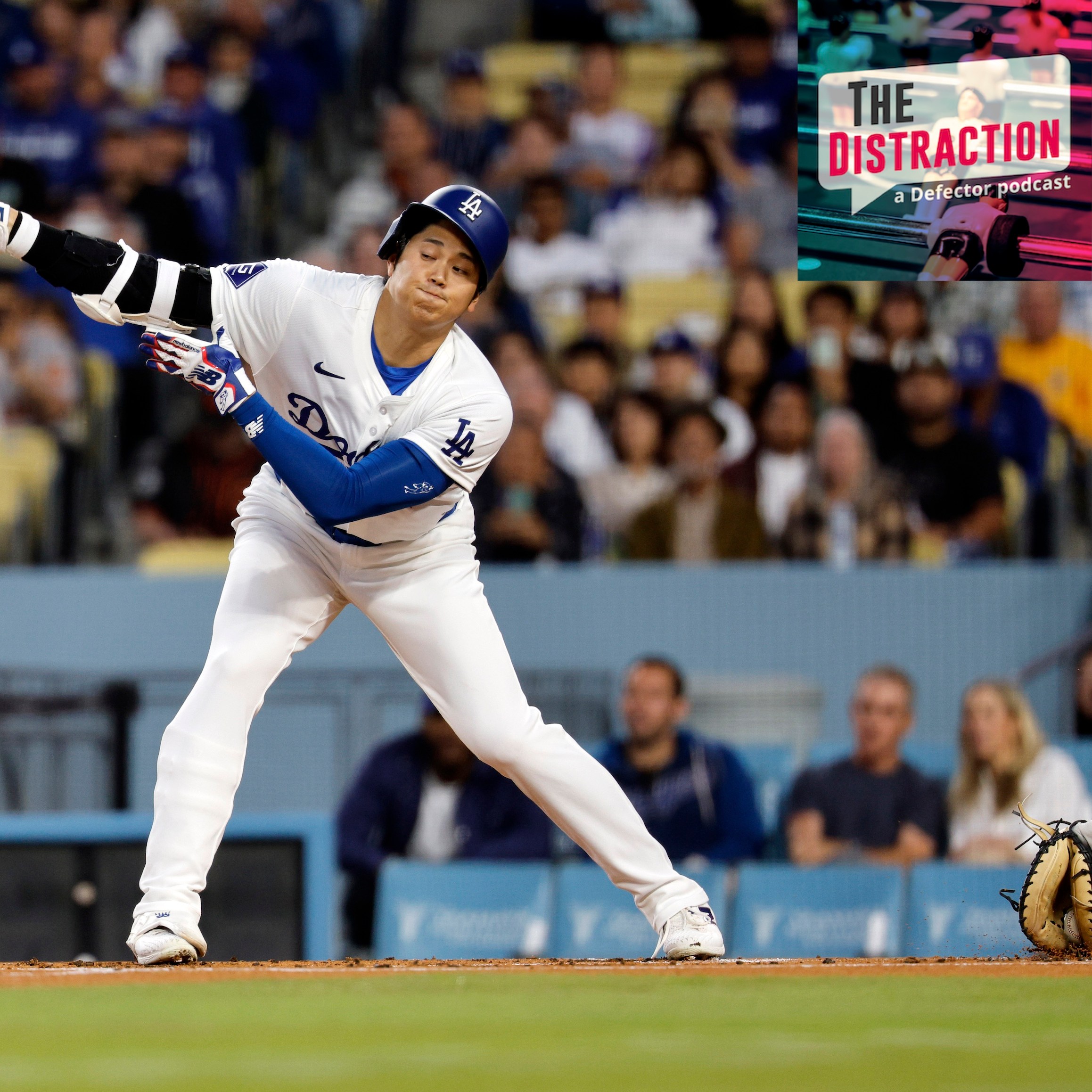 Shohei Ohtani strikes out in an uncharacteristically undistinguished and unflattering way against the San Francisco Giants. The Distraction logo is at upper right.