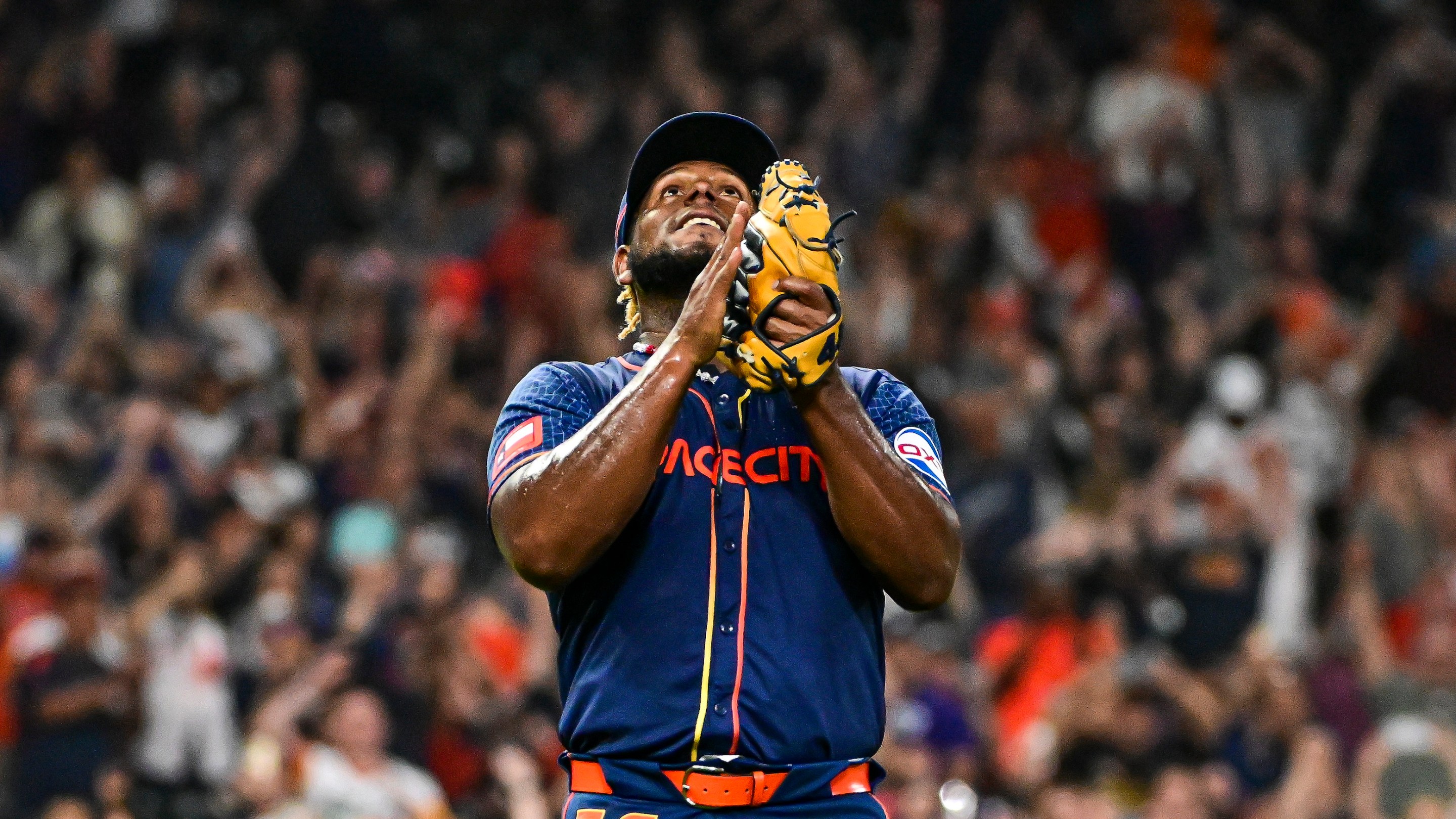 Astros pitcher Ronel Blanco strikes a prayerful gesture after getting the last out of his no-hitter against the Toronto Blue Jays on April 1, 2024.