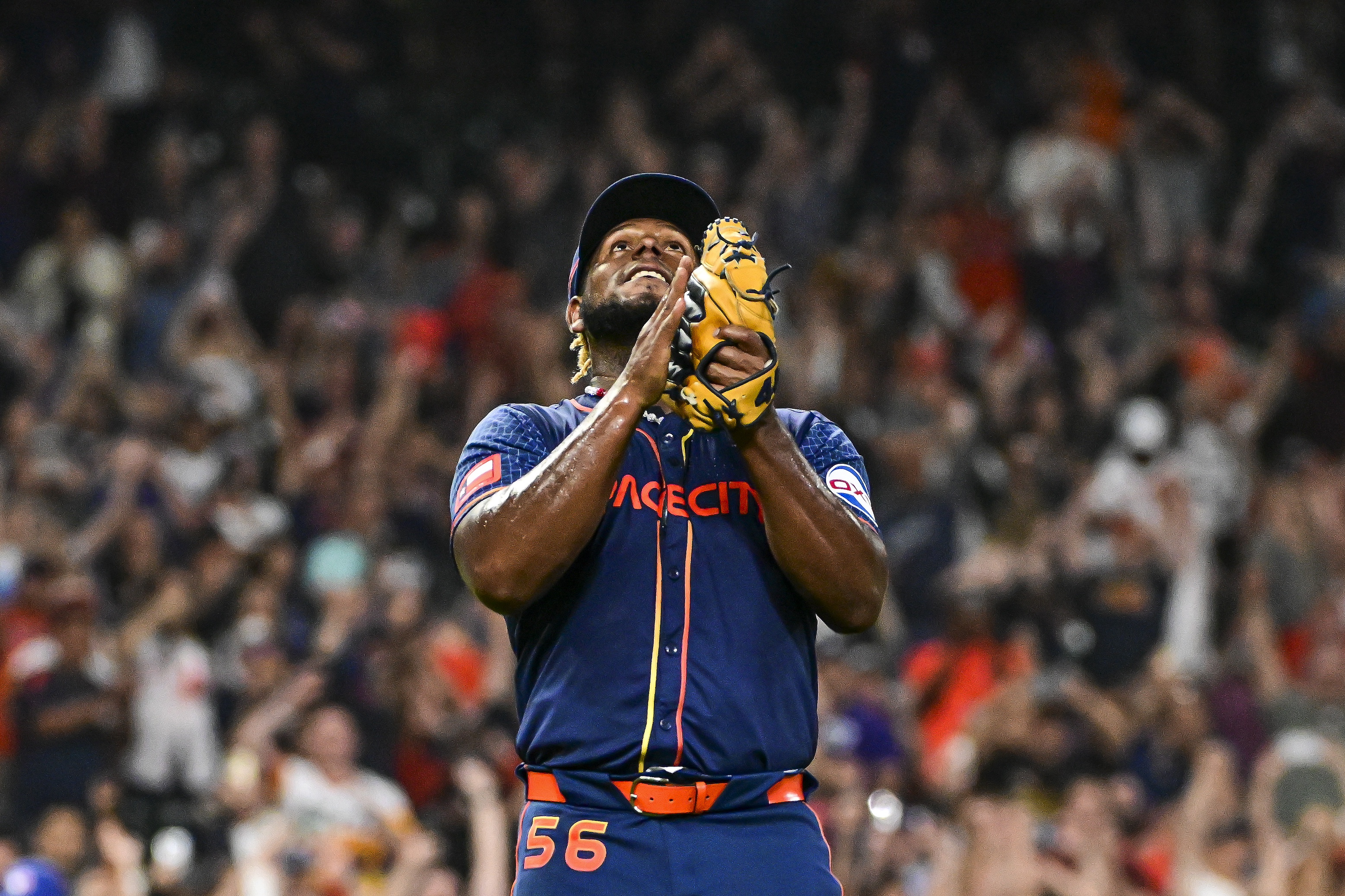 Astros pitcher Ronel Blanco strikes a prayerful gesture after getting the last out of his no-hitter against the Toronto Blue Jays on April 1, 2024.