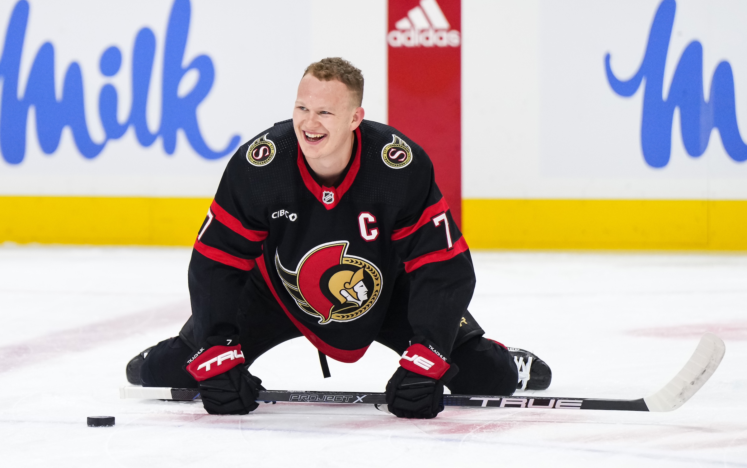 OTTAWA, CANADA - APRIL 6: Brady Tkachuk #7 of the Ottawa Senators stretches during warmup prior to a game against the New Jersey Devils at Canadian Tire Centre on April 6, 2024 in Ottawa, Ontario, Canada. (Photo by Andrea Cardin/NHLI via Getty Images)