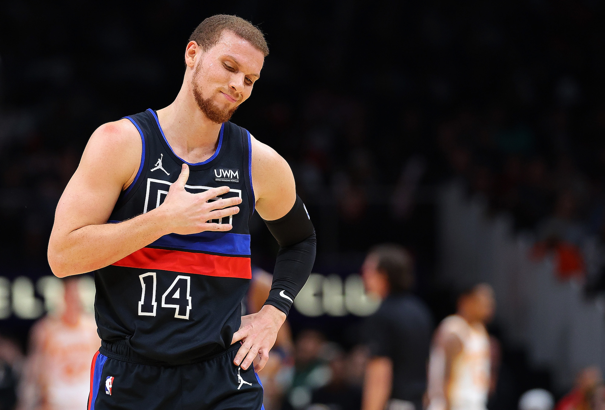ATLANTA, GEORGIA - APRIL 03: Malachi Flynn #18 of the Detroit Pistons reacts during a timeout against the Atlanta Hawks inthe second quarter at State Farm Arena on April 03, 2024 in Atlanta, Georgia. NOTE TO USER: User expressly acknowledges and agrees that, by downloading and/or using this photograph, user is consenting to the terms and conditions of the Getty Images License Agreement. (Photo by Kevin C. Cox/Getty Images)