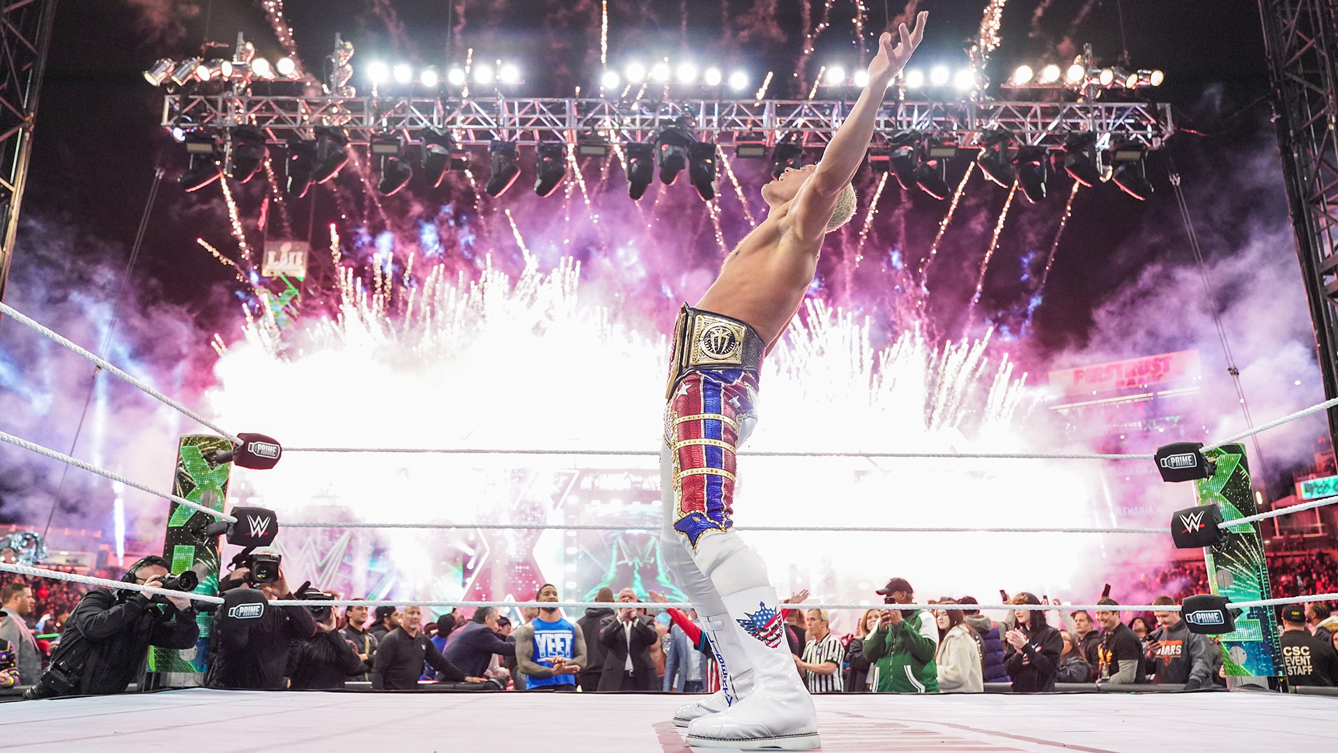 Cody Rhodes celebrates during Night Two of WrestleMania 40 at Lincoln Financial Field on April 7, 2024 in Philadelphia, Pennsylvania