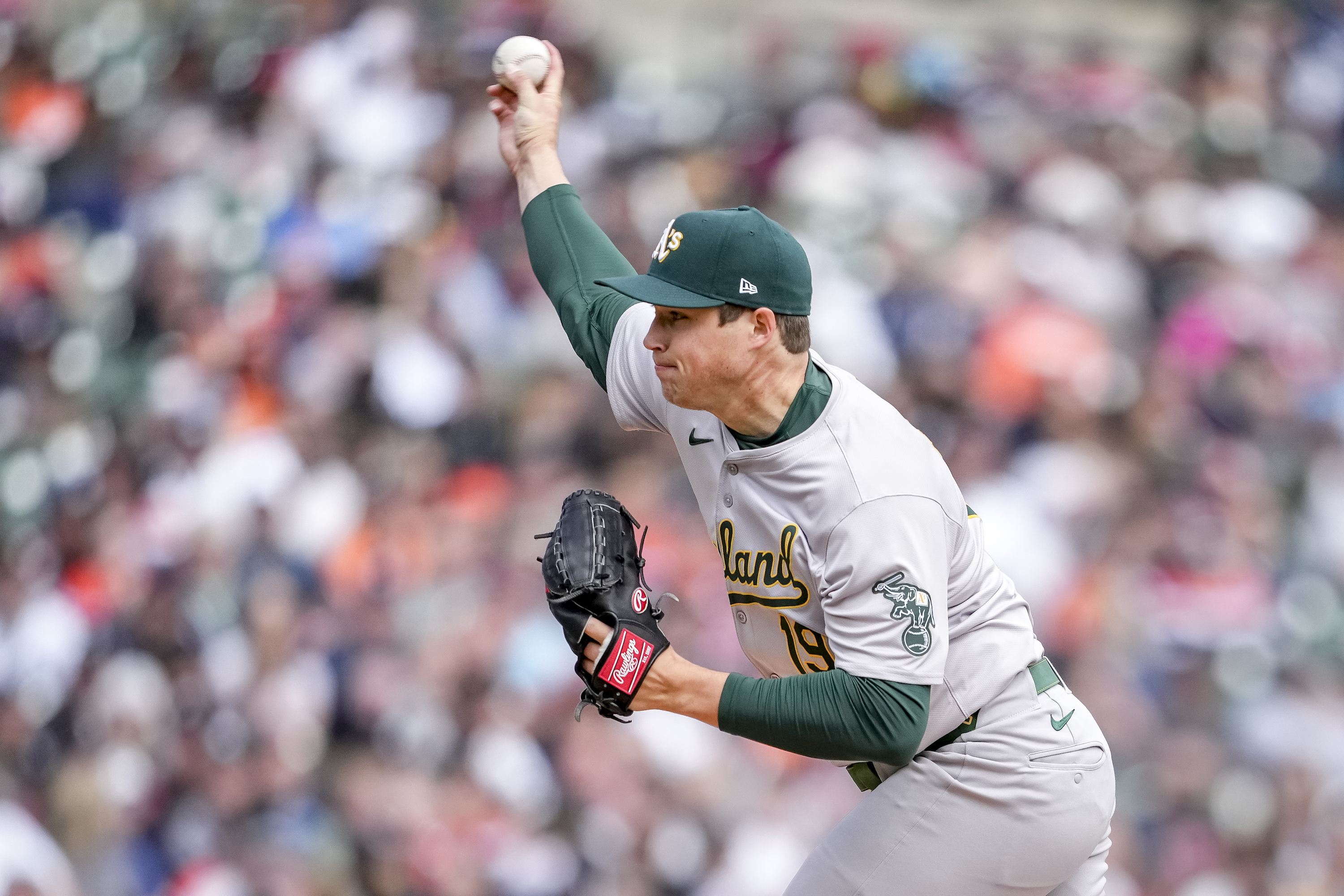 Mason Miller #19 of the Oakland Athletics delivers a pitch against the Detroit Tigers at Comerica Park on April 06, 2024 in Detroit, Michigan.
