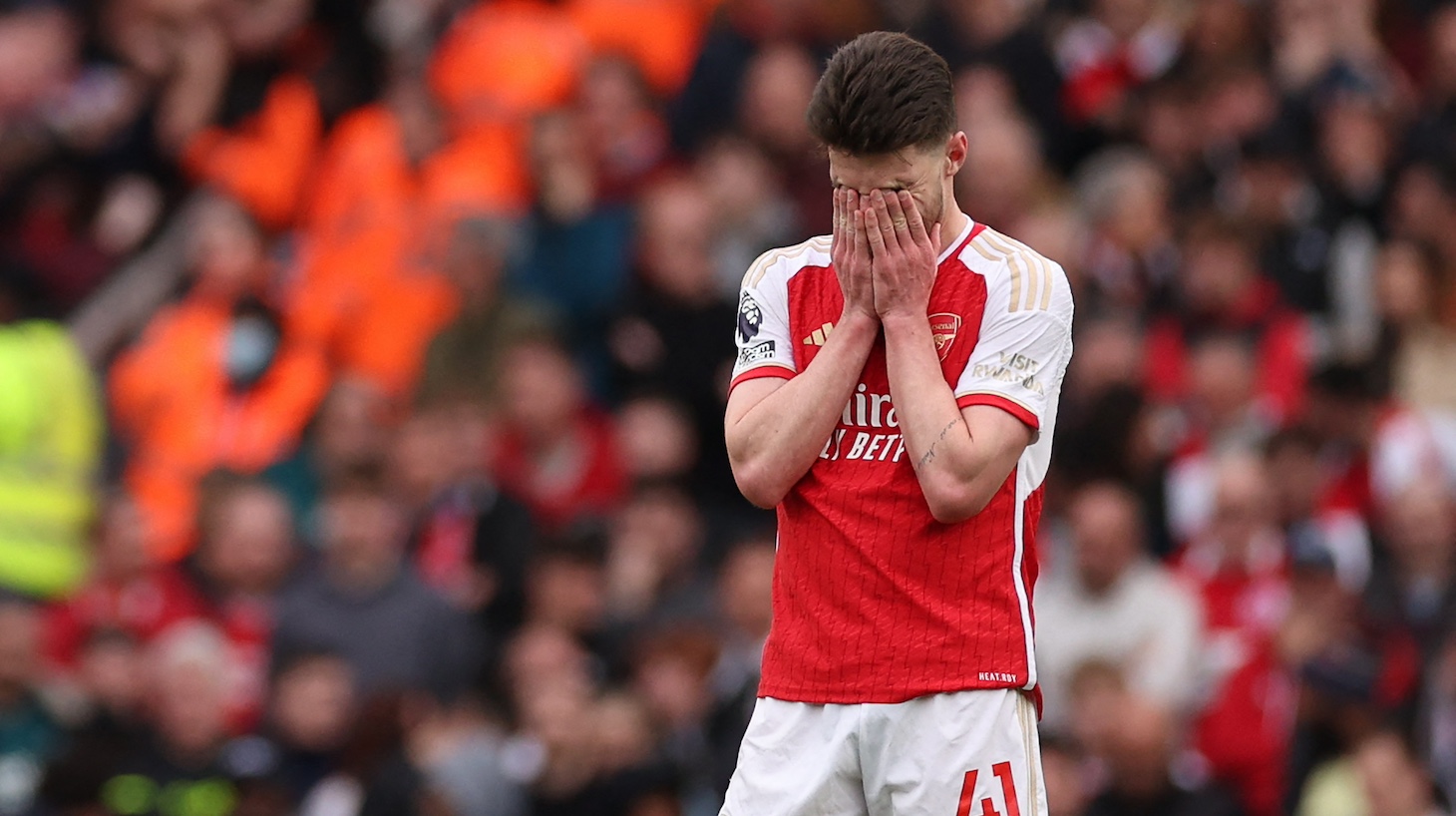 Arsenal's English midfielder #41 Declan Rice reacts to going two goals behind during the English Premier League football match between Arsenal and Aston VIlla at the Emirates Stadium in London on April 14, 2024.