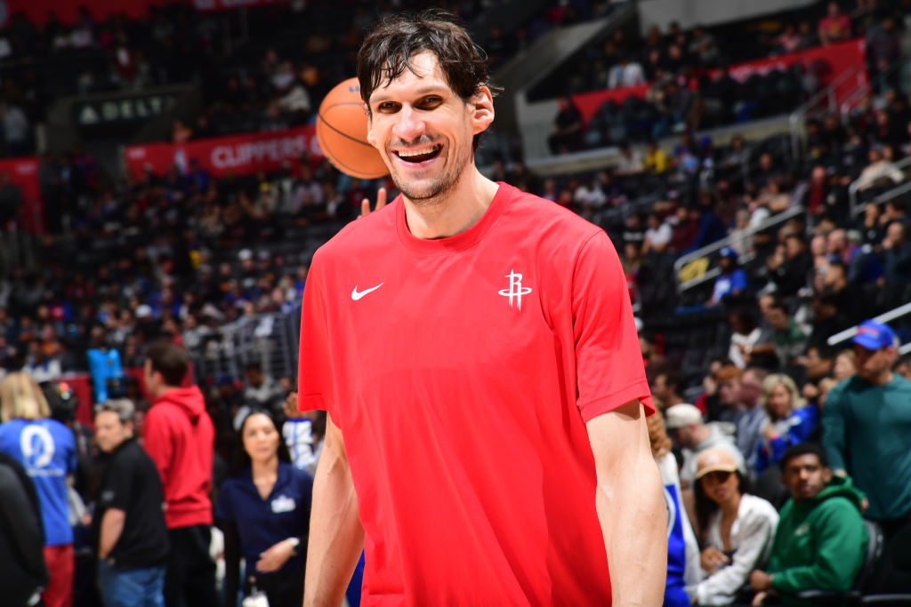 Boban Marjanovic #51 of the Houston Rockets smiles before the game against the LA Clippers on April 14, 2024 at Crypto.Com Arena in Los Angeles, California.