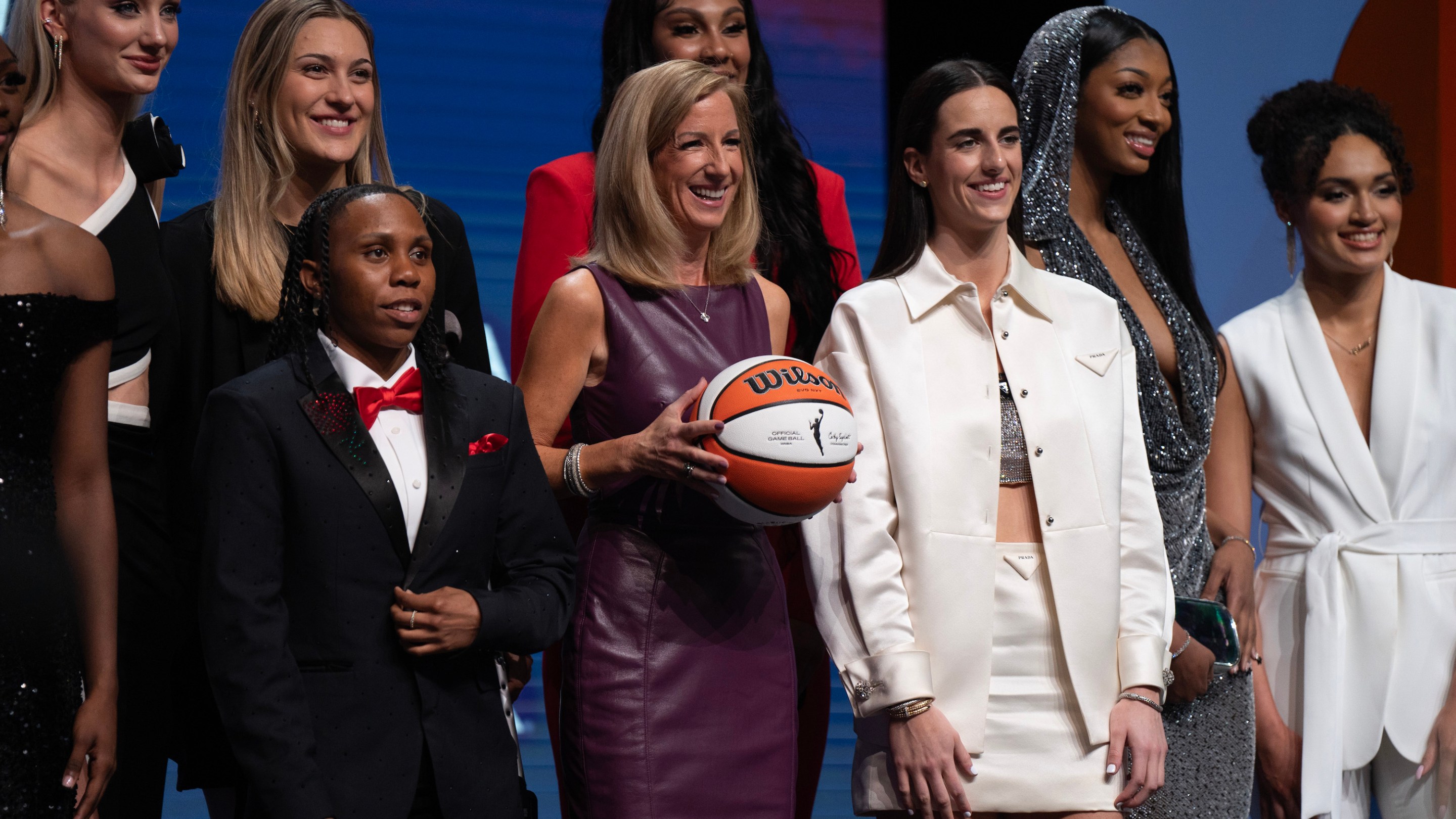 Cathy Engelbert and the draftees pose for a photo during the 2024 WNBA Draft on April 14, 2024 at the Brooklyn Academy of Music in Brooklyn, New York.