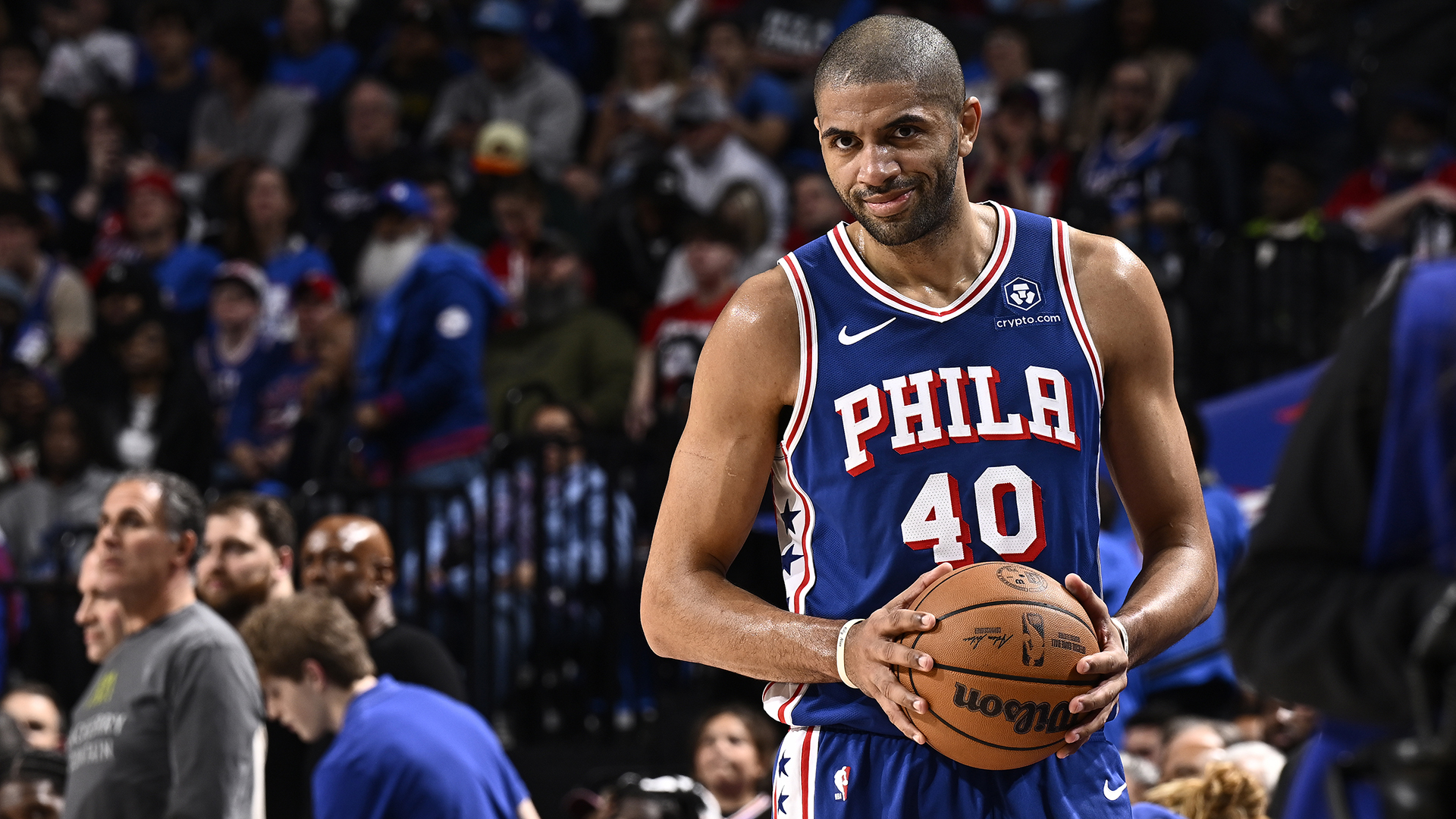 Nicolas Batum #40 of the Philadelphia 76ers smiles during the game against the Miami Heat during the 2024 NBA Play-In Tournament on April 17, 2024 at the Wells Fargo Center in Philadelphia, Pennsylvania