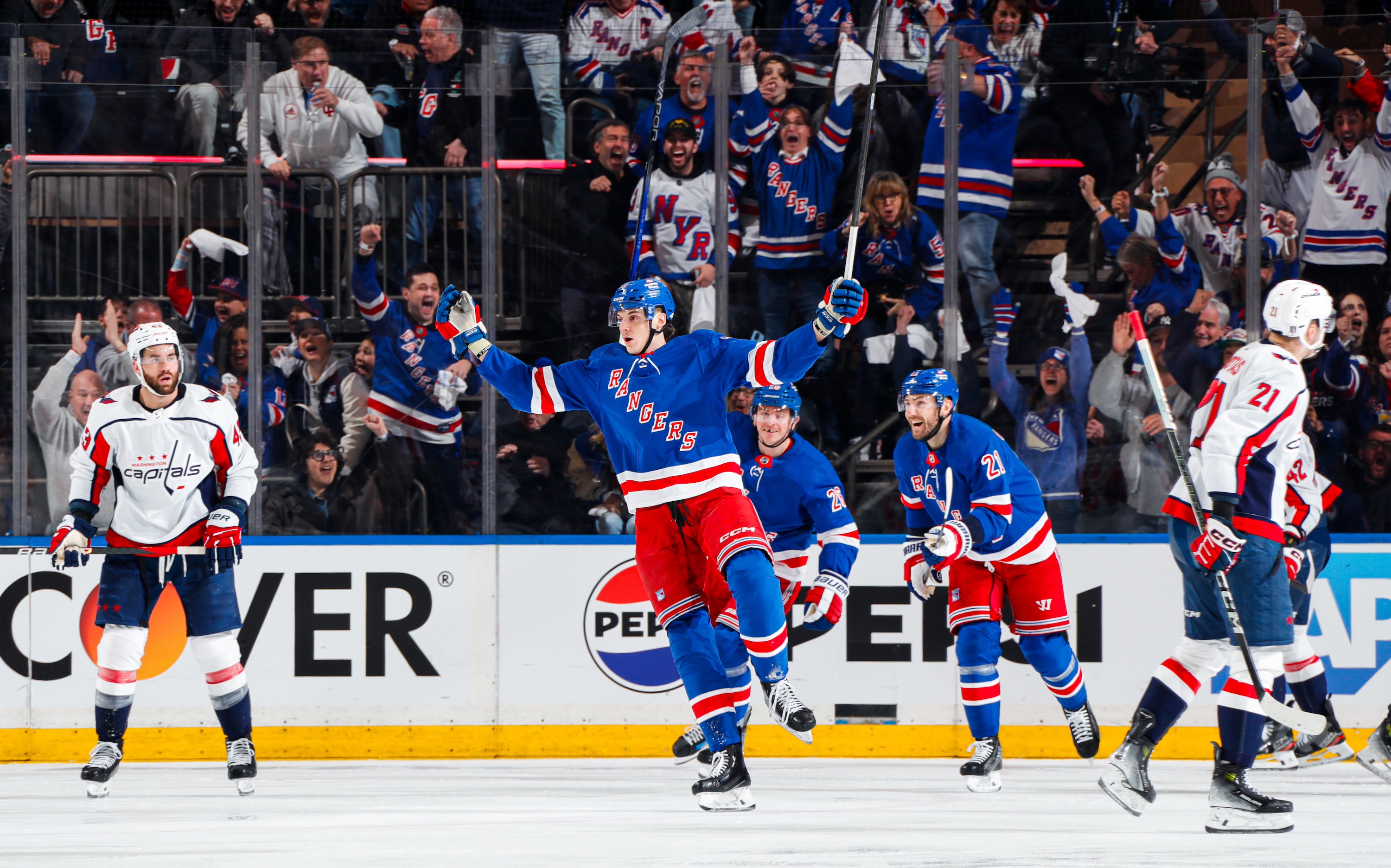 NEW YORK, NEW YORK - APRIL 21: Matt Rempe #73 of the New York Rangers celebrates after scoring a goal in the second period against the Washington Capitals in Game One of the First Round of the 2024 Stanley Cup Playoffs at Madison Square Garden on April 21, 2024 in New York City. (Photo by Jared Silber/NHLI via Getty Images)