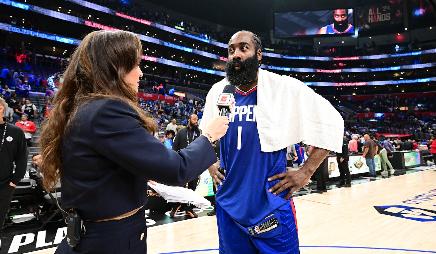 LOS ANGELES, CA - APRIL 21: James Harden #1 of the LA Clippers is interviewed by the media after Round 1 Game 1 of the 2024 NBA Playoffs on April 21, 2024 at Crypto.Com Arena in Los Angeles, California. NOTE TO USER: User expressly acknowledges and agrees that, by downloading and/or using this Photograph, user is consenting to the terms and conditions of the Getty Images License Agreement. Mandatory Copyright Notice: Copyright 2024 NBAE (Photo by Adam Pantozzi/NBAE via Getty Images)