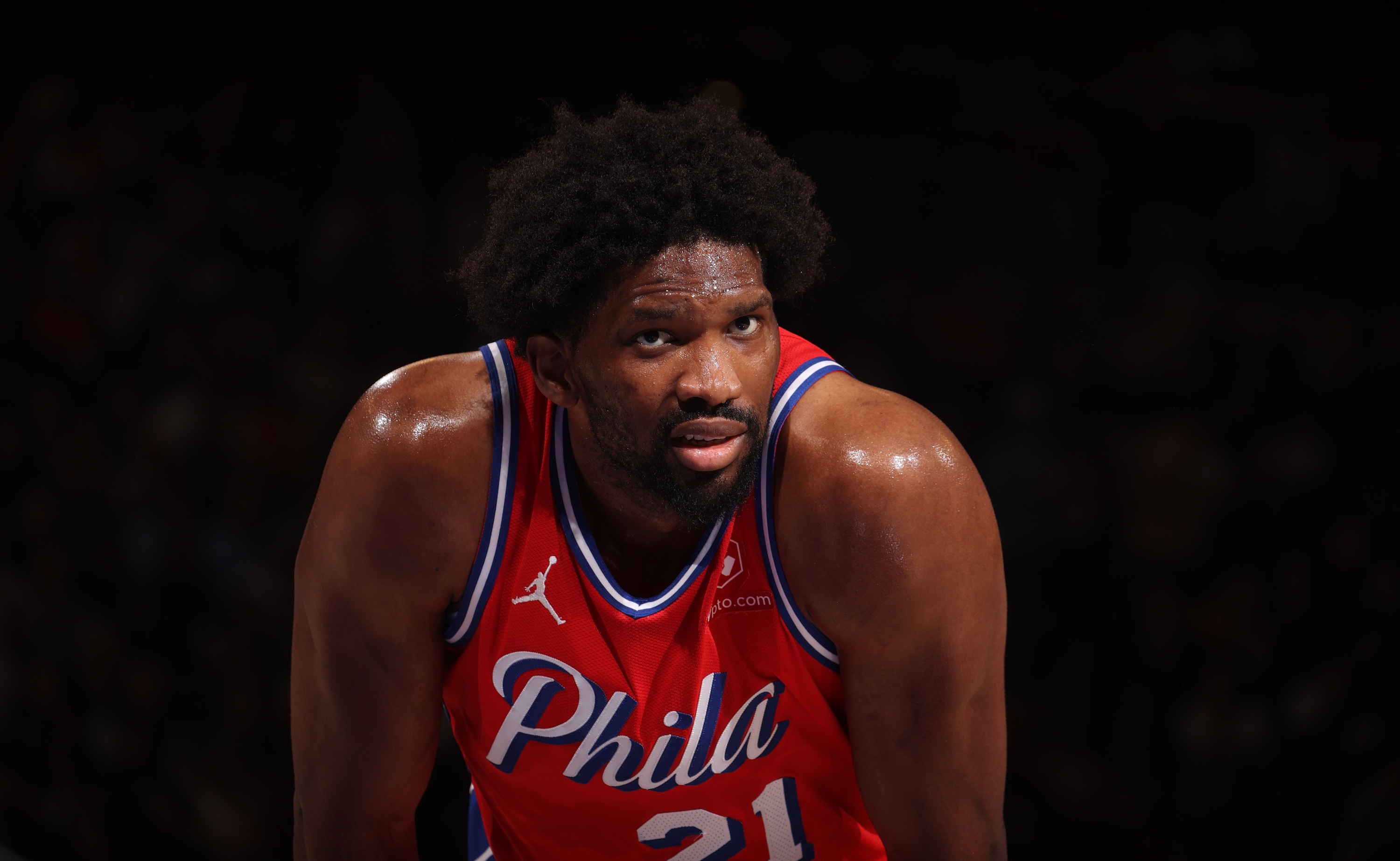 NEW YORK, NY - APRIL 22: Joel Embiid #21 of the Philadelphia 76ers looks on during the game against the New York Knicks during Round 1 Game 2 of the 2024 NBA Playoffs on April 22, 2024 at Madison Square Garden in New York City, New York. NOTE TO USER: User expressly acknowledges and agrees that, by downloading and or using this photograph, User is consenting to the terms and conditions of the Getty Images License Agreement. Mandatory Copyright Notice: Copyright 2024 NBAE (Photo by Nathaniel S. Butler/NBAE via Getty Images)
