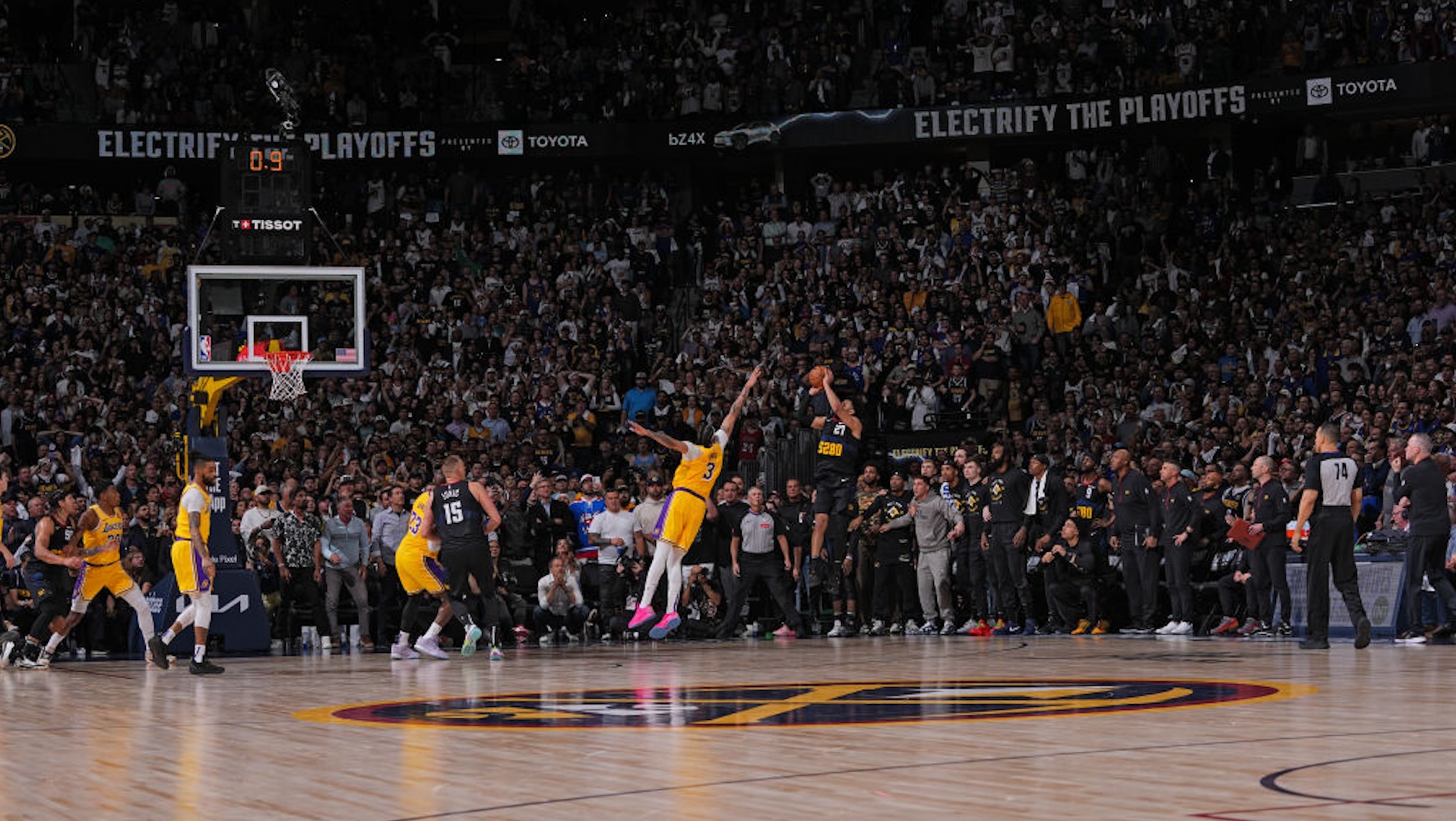 Jamal Murray #27 of the Denver Nuggets scores game winning basket against the Los Angeles Lakers on April 22, 2024 at the Ball Arena in Denver, Colorado.