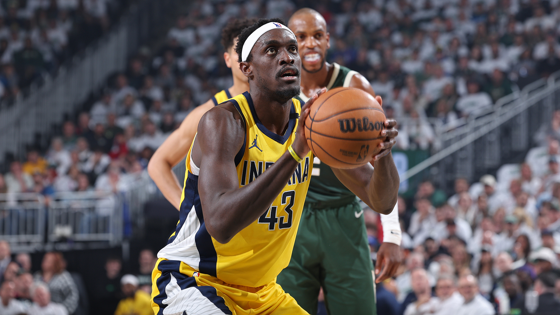 Pascal Siakam #43 of the Indiana Pacers prepares to shoot a free throw during Round 1 Game 2 of the 2024 NBA Playoffs against the Milwaukee Bucks on April 23, 2024 at the Fiserv Forum Center in Milwaukee, Wisconsin.