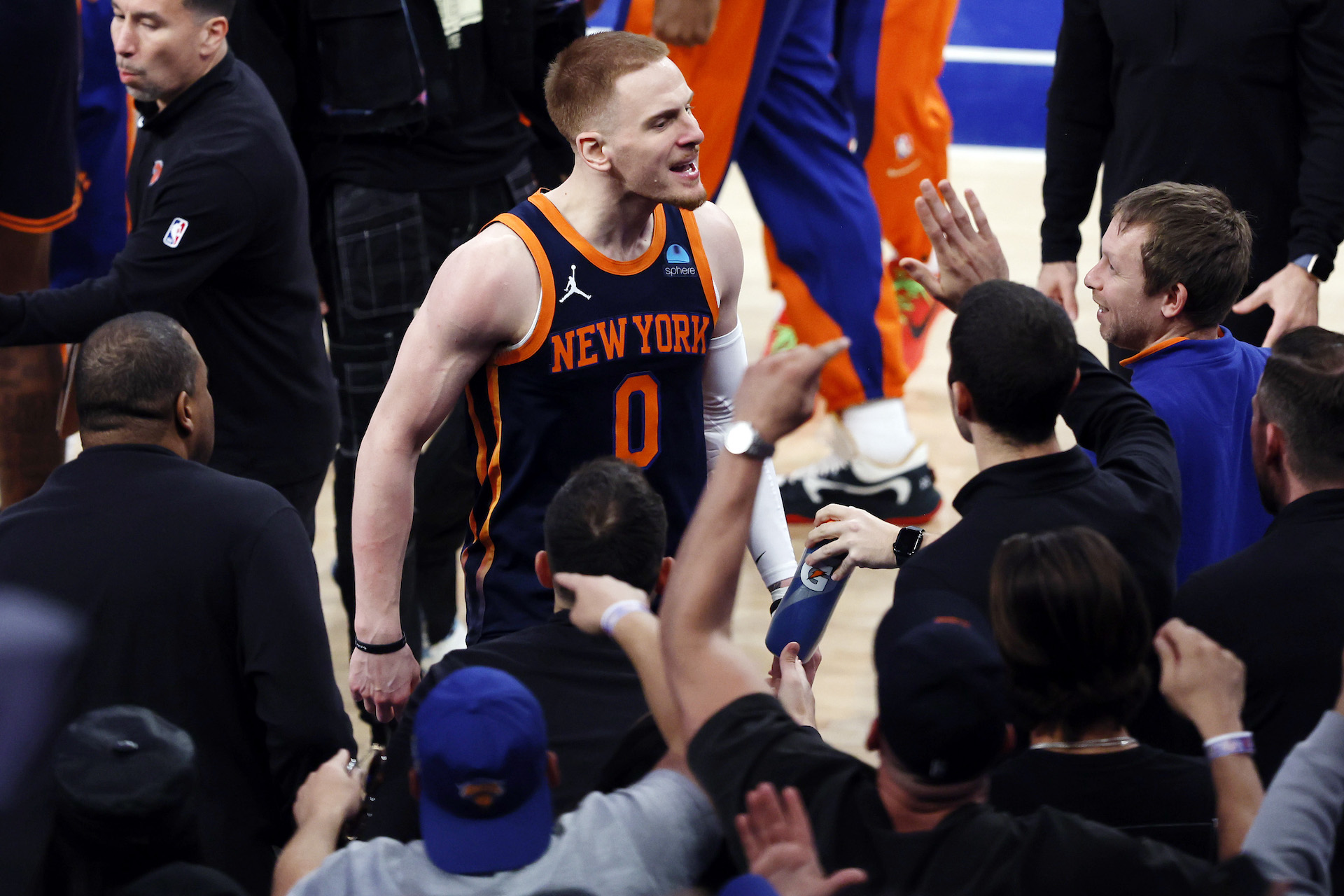 Donte DiVincenzo #0 of the New York Knicks reacts after making a three-point shot during the second half against the Philadelphia 76ers in Game Two of the Eastern Conference First Round Playoffs at Madison Square Garden on April 22, 2024 in New York City. The Knicks won 104-101.