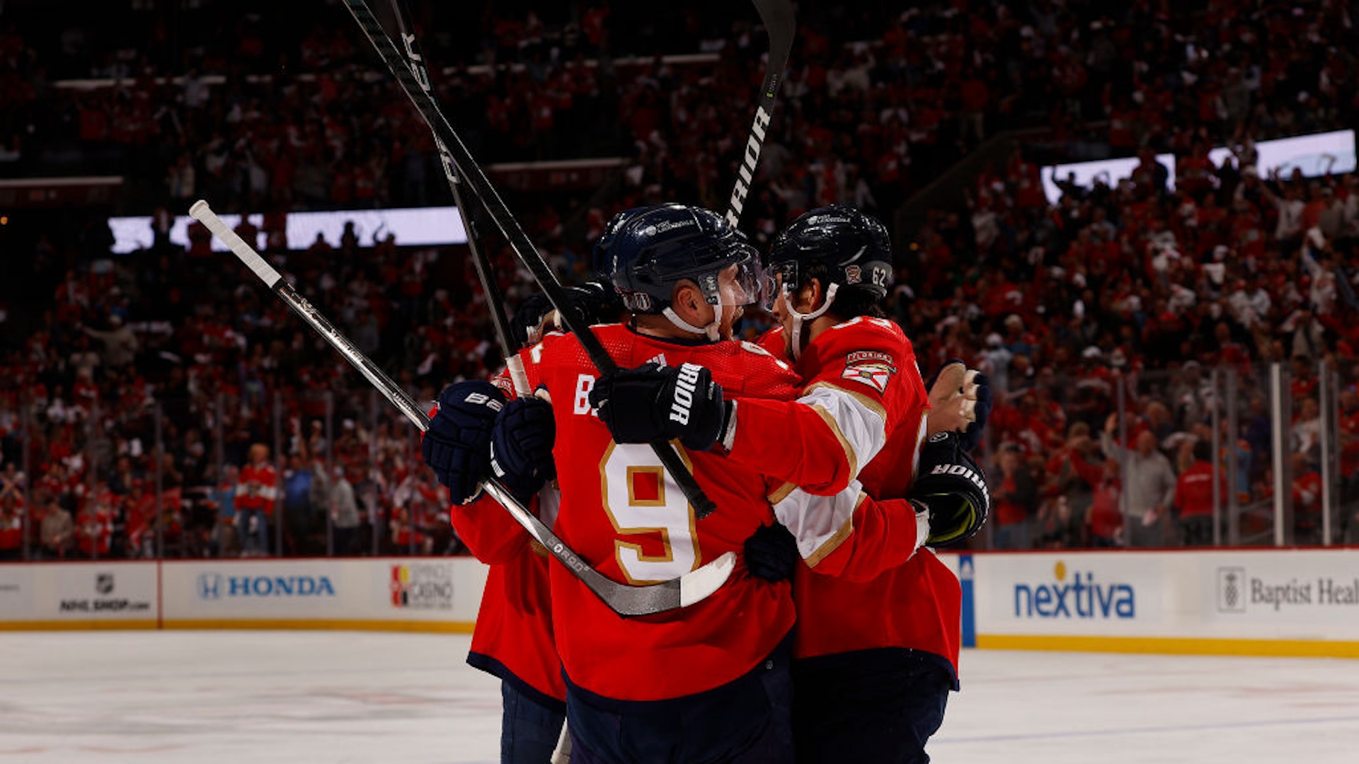 Sam Bennett #9 of the Florida Panthers celebrates his goal with teammates against the Tampa Bay Lightning in Game Two of the First Round of the 2024 Stanley Cup Playoffs at the Amerant Bank Arena on April 23, 2024 in Sunrise, Florida.