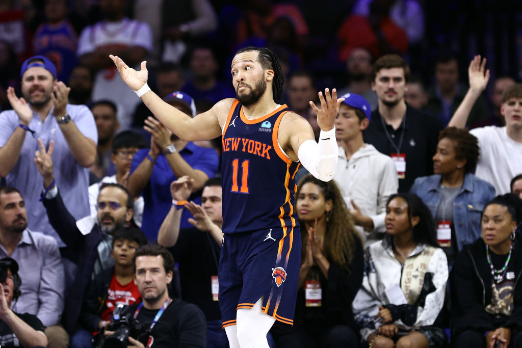 Knickds guard Jalen Brunson shrugs as he reacts to the crowd during his team's game against the Philadelphia 76ers in game four of the NBA Eastern Conference First Round Playoffs at the Wells Fargo Center on April 28, 2024 in Philadelphia, Pennsylvania.