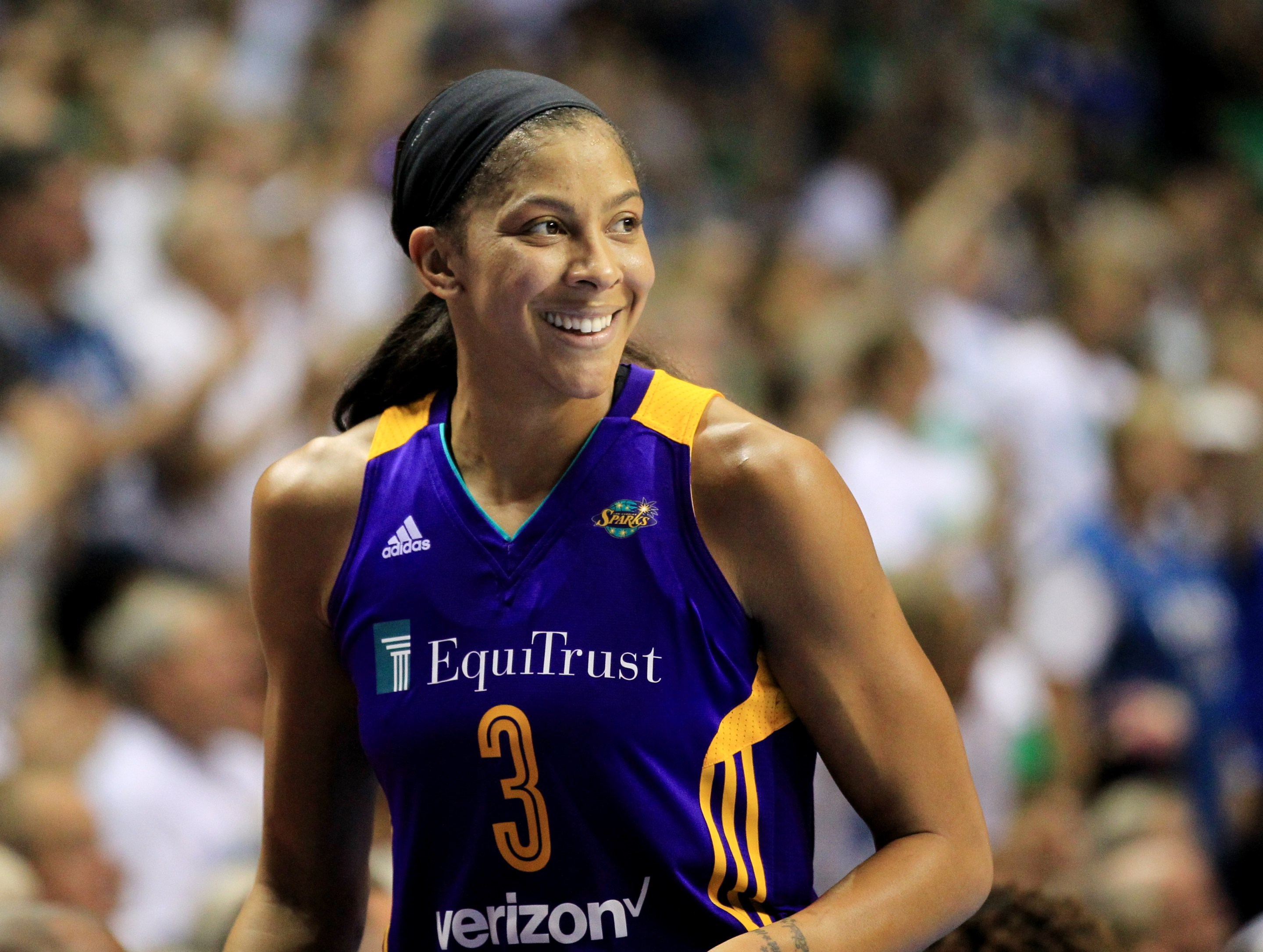 Candace Parker #3 of the Los Angeles Sparks reacts after receiving her fourth foul against the Minnesota Lynx during the second quarter of Game One of the WNBA finals at Williams Arena on September 24, 2017 in Minneapolis, Minnesota.