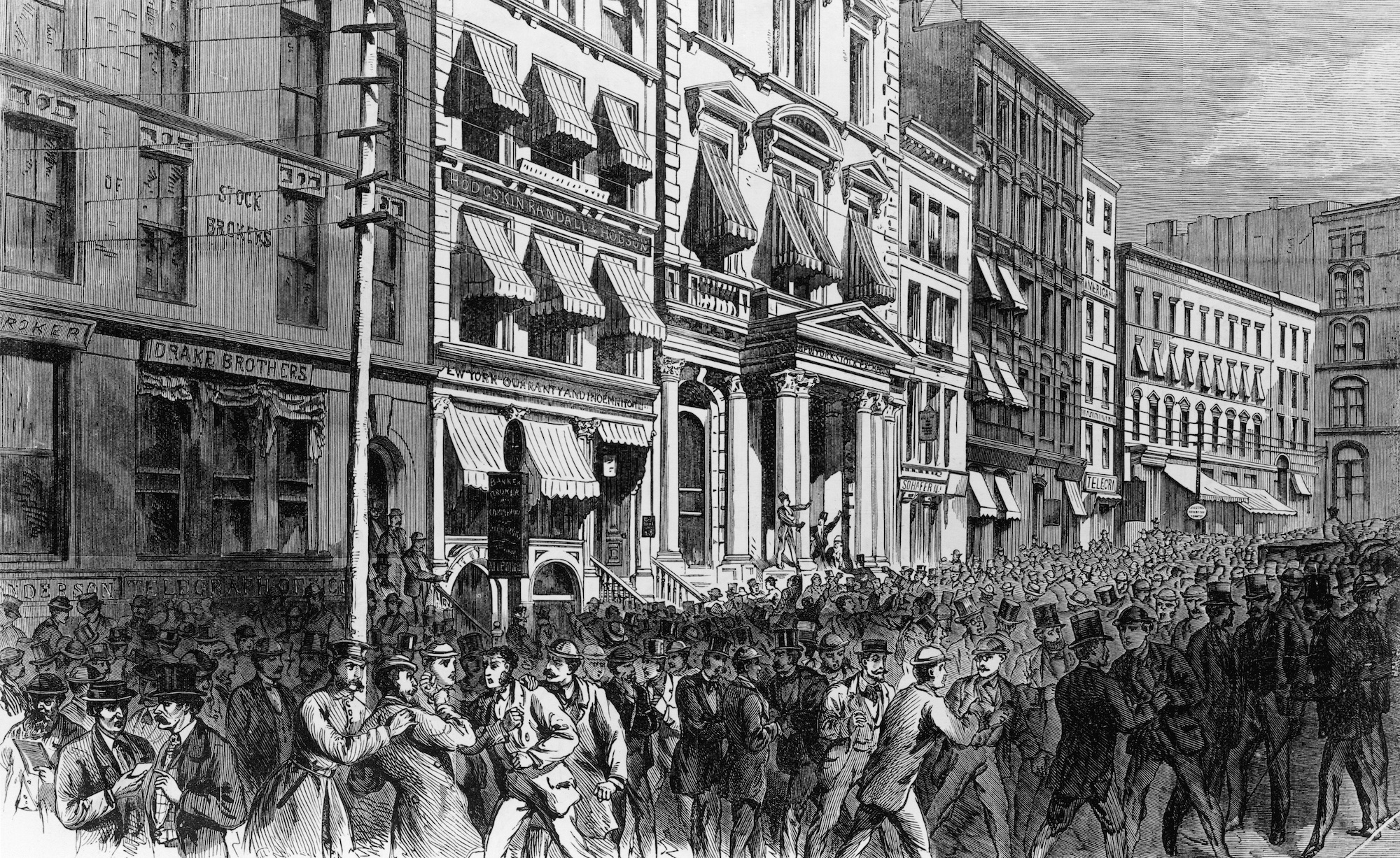 A panicked crowd on Broad Street, New York City, after the closing of the stock exchange doors during the Panic of 1873, 20th September 1873. The stock exchange stayed closed for ten days. (Photo by Kean Collection/Archive Photos/Getty Images)