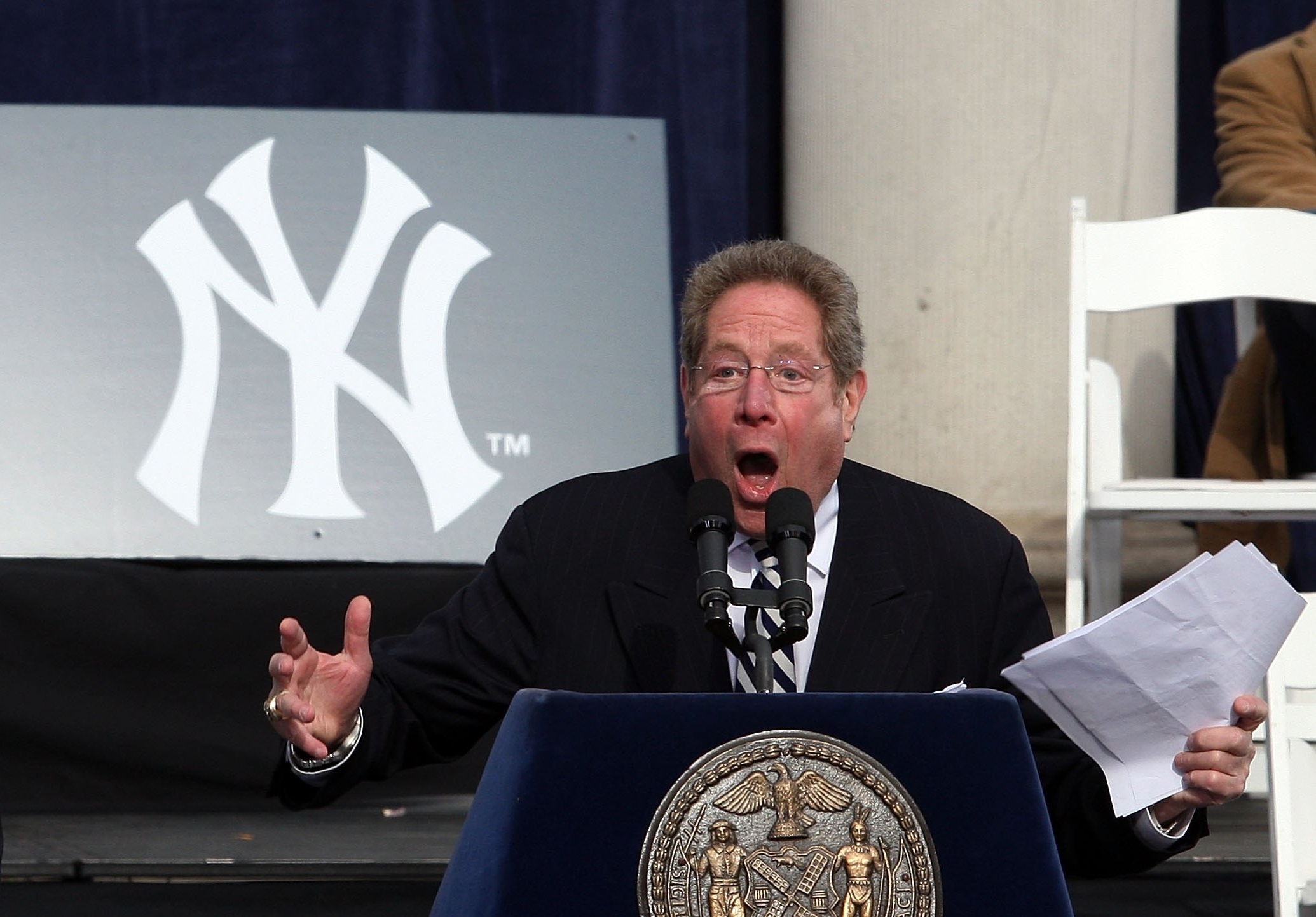 NEW YORK - NOVEMBER 06: New York Yankees broadcasters Michael Kay (L) and John Sterling speak during the New York Yankees World Series Victory Celebration at City Hall on November 6, 2009 in New York, New York. (Photo by Jim McIsaac/Getty Images)