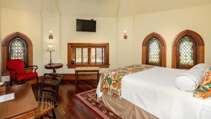 bedroom with stained glass