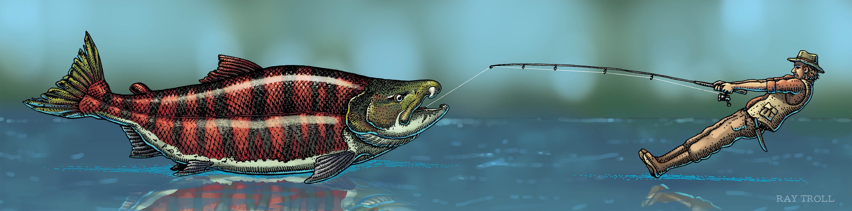 an illustration by Ray Troll depicting a gigantic spike-toothed salmon overpowering a fisherman