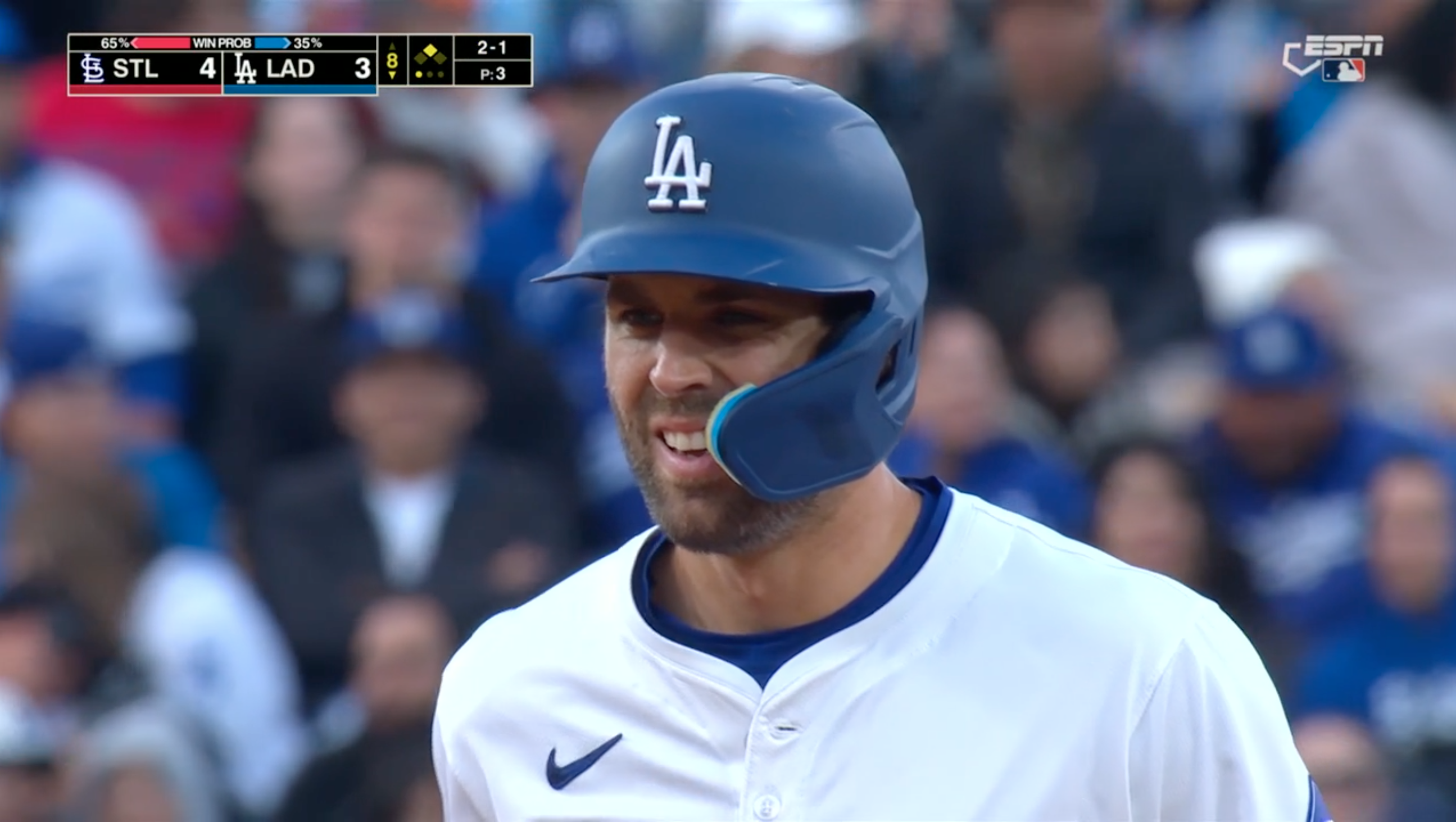 A screenshot of an ESPN broadcast, featuring a live win probability graphic displaying a 35-percent Dodgers win probability, and Chris Taylor making a beaver face.