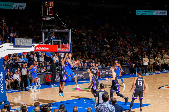 Jaylin Williams #6 of the Oklahoma City Thunder shoots the ball during the game against the Sacramento Kings on April 9, 2024 in Oklahoma City, Oklahoma.